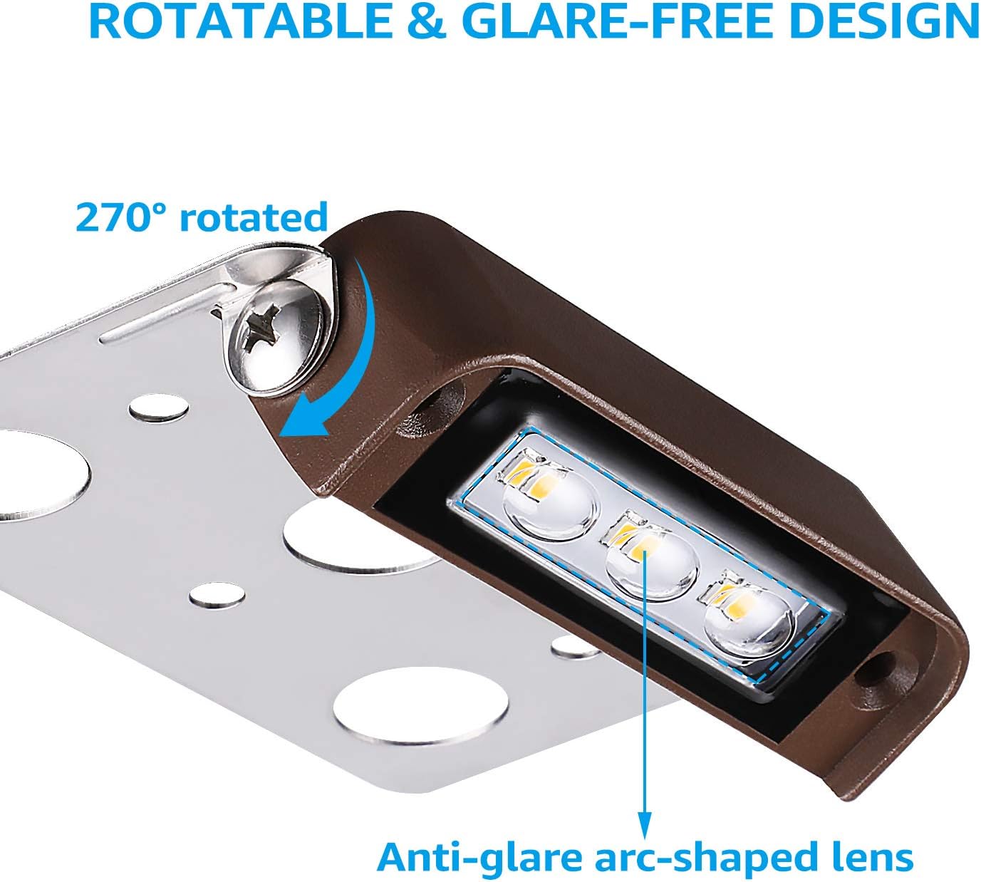 Close-up of LEONLITE hardscape light showing 270-degree rotation and anti-glare arc-shaped lens.