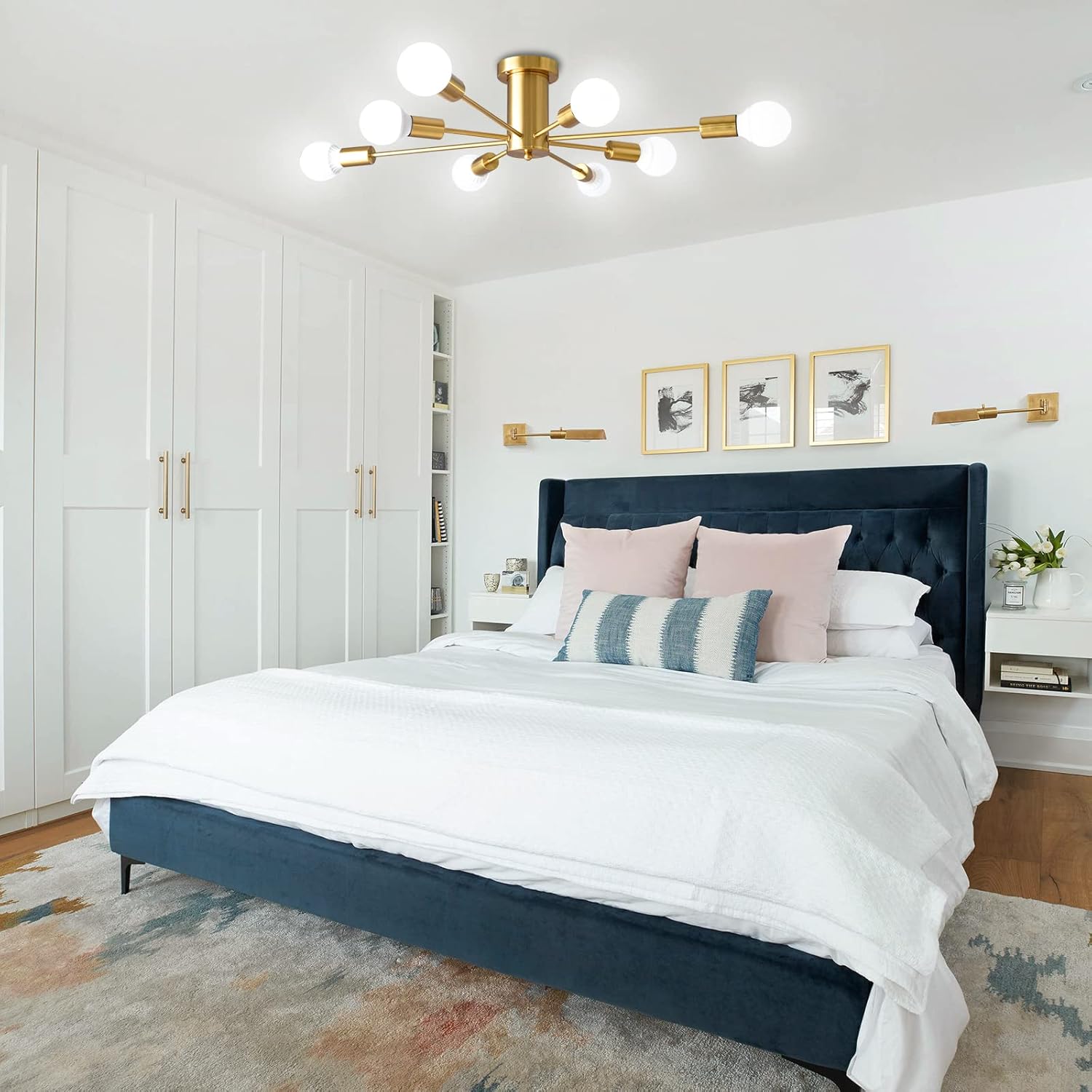 Onе-Dау Sаlе: Uр tо 70% оƒƒ Mid Century Modern Ceiling Lamp Semi Flush Ceiling Light ALISADABOY Yellow Gold Sputnik Chandeliers 8-Light Lighting Fixture for Kitchen Bedroom Living Dining Room Foyer Hallway