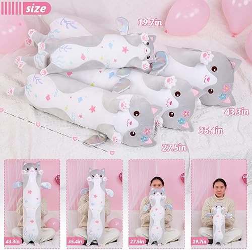 Miniatura 7 de AIXINI Almohada larga de felpa de gato gris de dibujos animados, suave juguete de peluche de gatito Kawaii para niños (gris, 19.7 pulgadas)