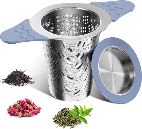 yomanta tea strainer for loose tea with lid, wide handle with heat-resistant silicone, 304 stainless steel tea strainer for teapots/cup