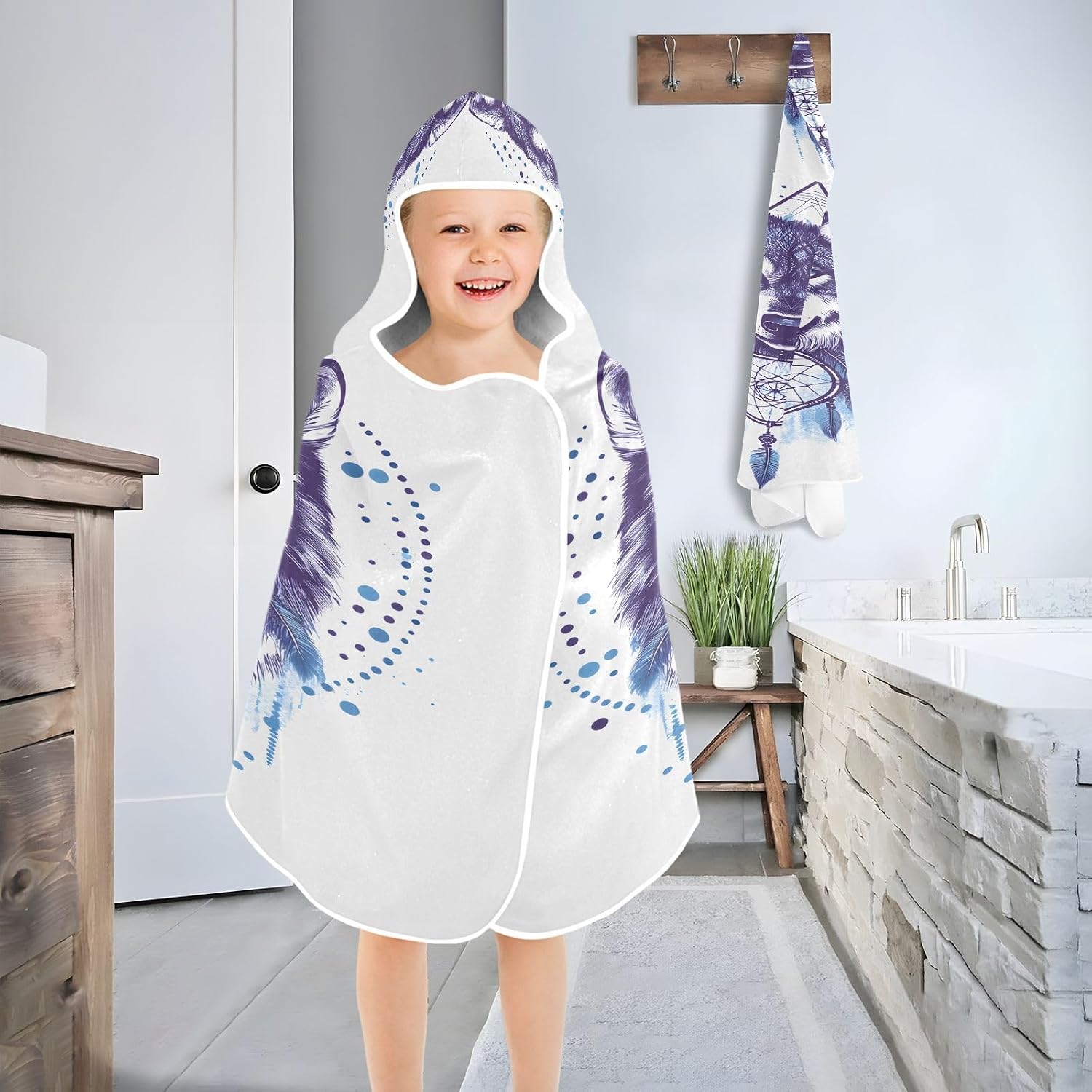 Boho Indian Animal Wolf Kids Bath Towels Hooded Poncho, 50x23.5in Quick Dry Beach Towels for Boys Girls Toddlers, Soft Absorbent Baby Bath & Hooded Towels Cape for Swimming Bathroom