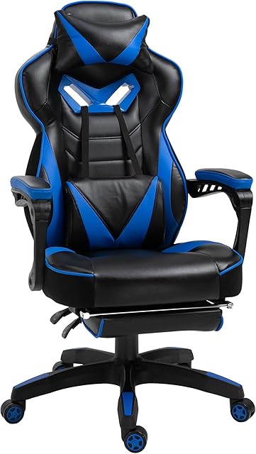 Vinsetto Ergonomic Racing Gaming Chair Office Desk Chair Adjustable Height Recliner with Wheels, Headrest, Lumbar Support, Retractable Footrest Home Office, Blue