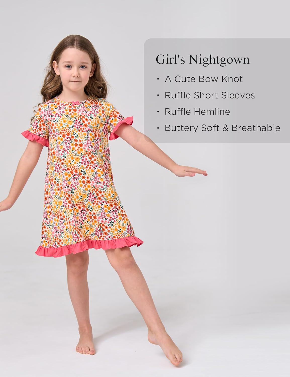 Bamboo Viscose Girls Nightgowns Ruffle Short Sleeve Crew Neck Girls' Sleepwear - Image 2