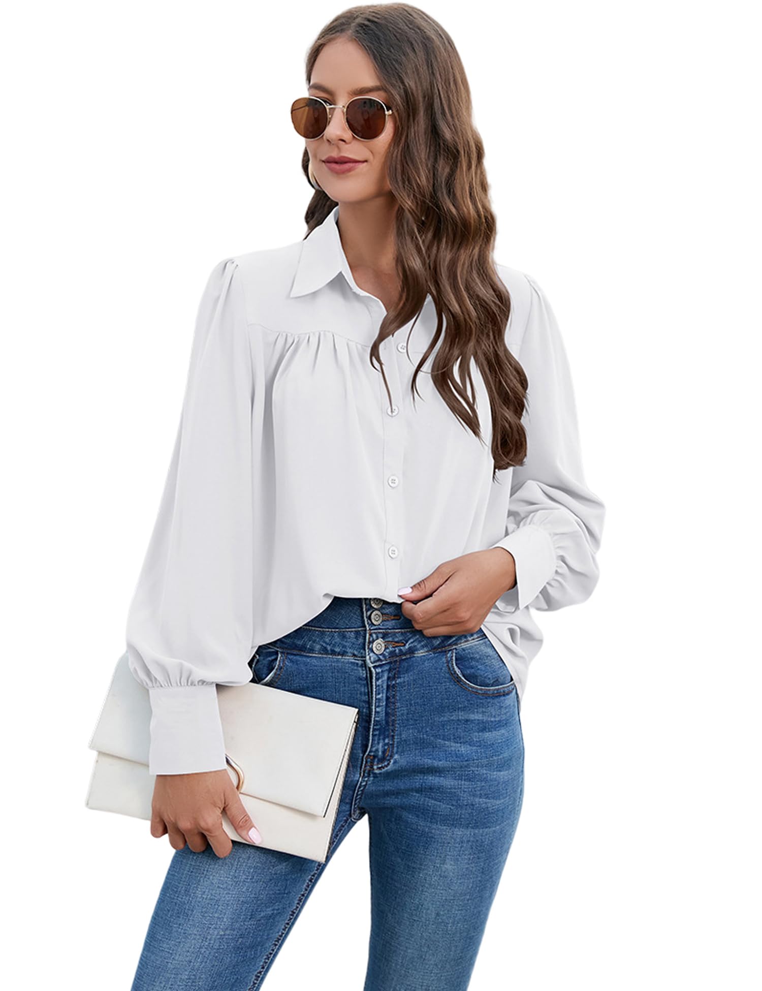 HeersanWomens Button Down Shirts Long Sleeve Casual Tops Blouse Shirt Elegant Office Work Loose Chiffon Blouse Tops