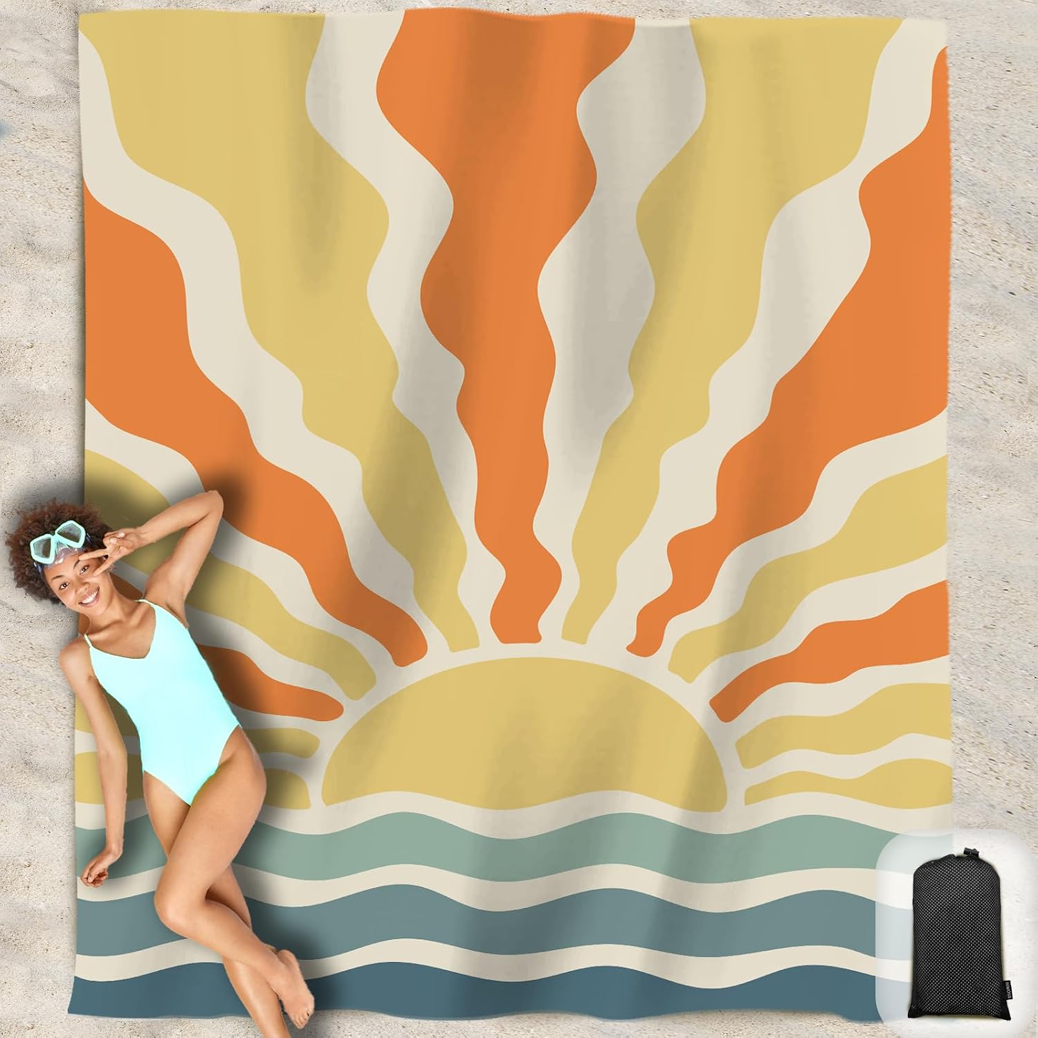 Beach Blanket Waterproof Sandproof Oversized 95”x 80”,Sand Free Beach Mat with Corner Pockets,Portable Mesh Bag for Beach Festival,Picnic,Travel and Outdoor Camping (Sunriseatsea)
