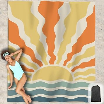 Beach Blanket Waterproof Sandproof Oversized 95x 80,Sand Free Beach Mat with Corner Pockets,Portable Mesh Bag for Beach Festival,Picnic,Travel and Outdoor Camping Sunriseatsea