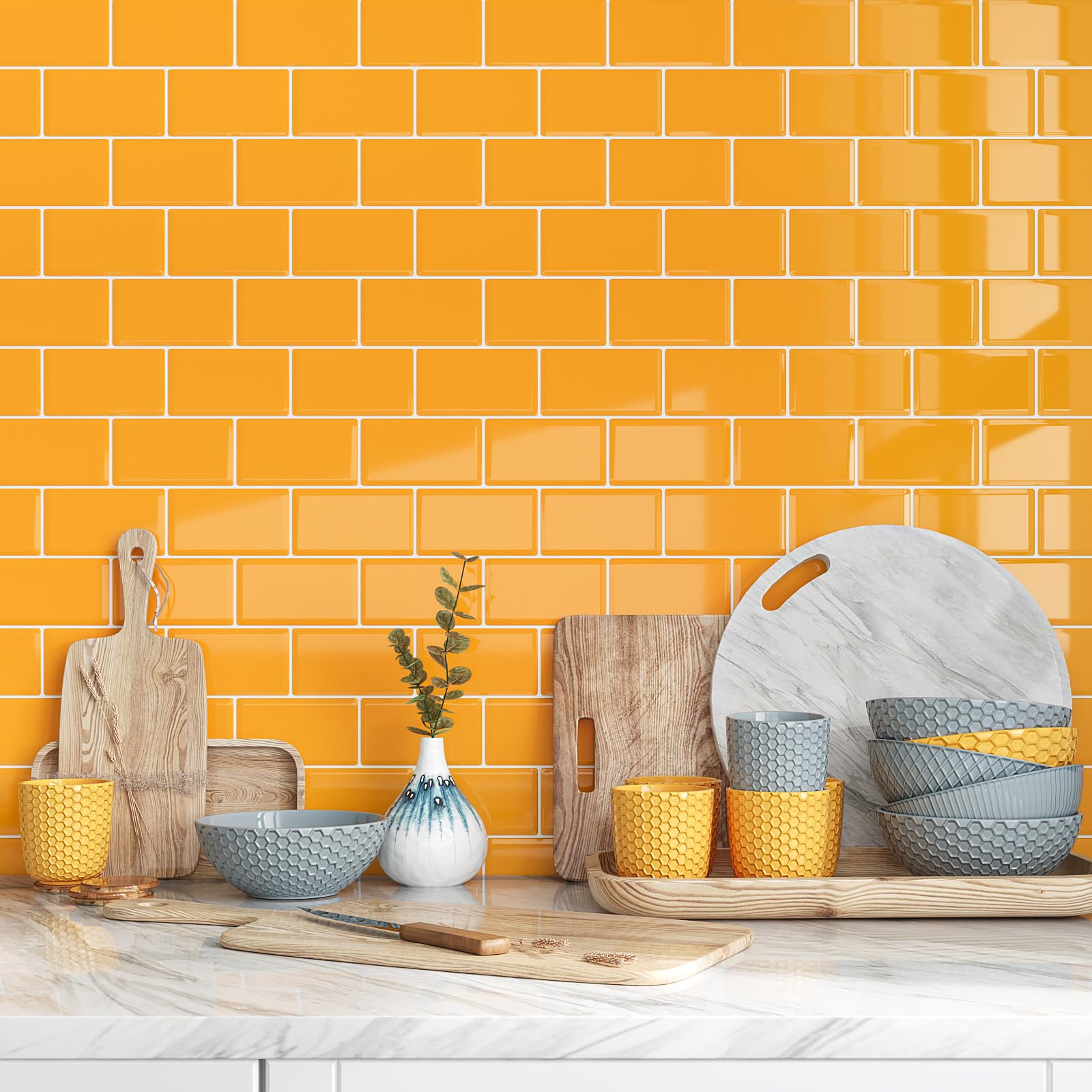 VEELIKE Azulejos Adhesivos Cocina Amarillo Brillante Rectangulares 3D Baldosas Adhesivas Pared Baño Vinilo Cocina Pared Azulejos Adhesivos Pegatinas de Baldosas Lavanderías 30.5cm×30.5cm 12 Piezas