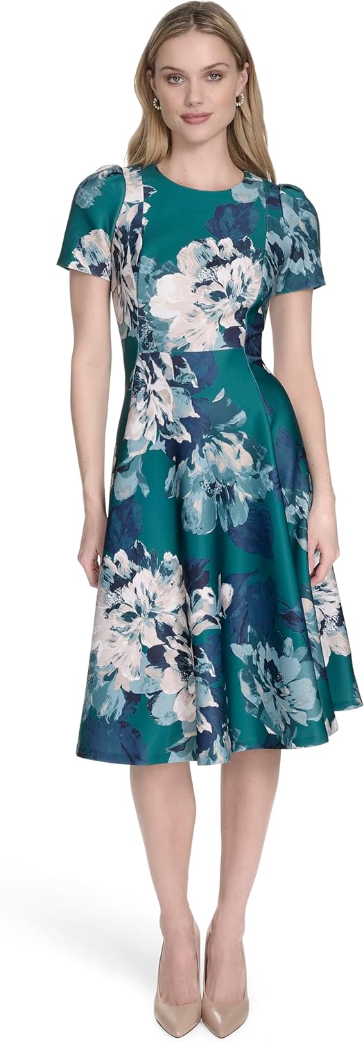 Calvin Klein Women's Short Sleeve Round Neck Knee Length Crepe A-Line Dress