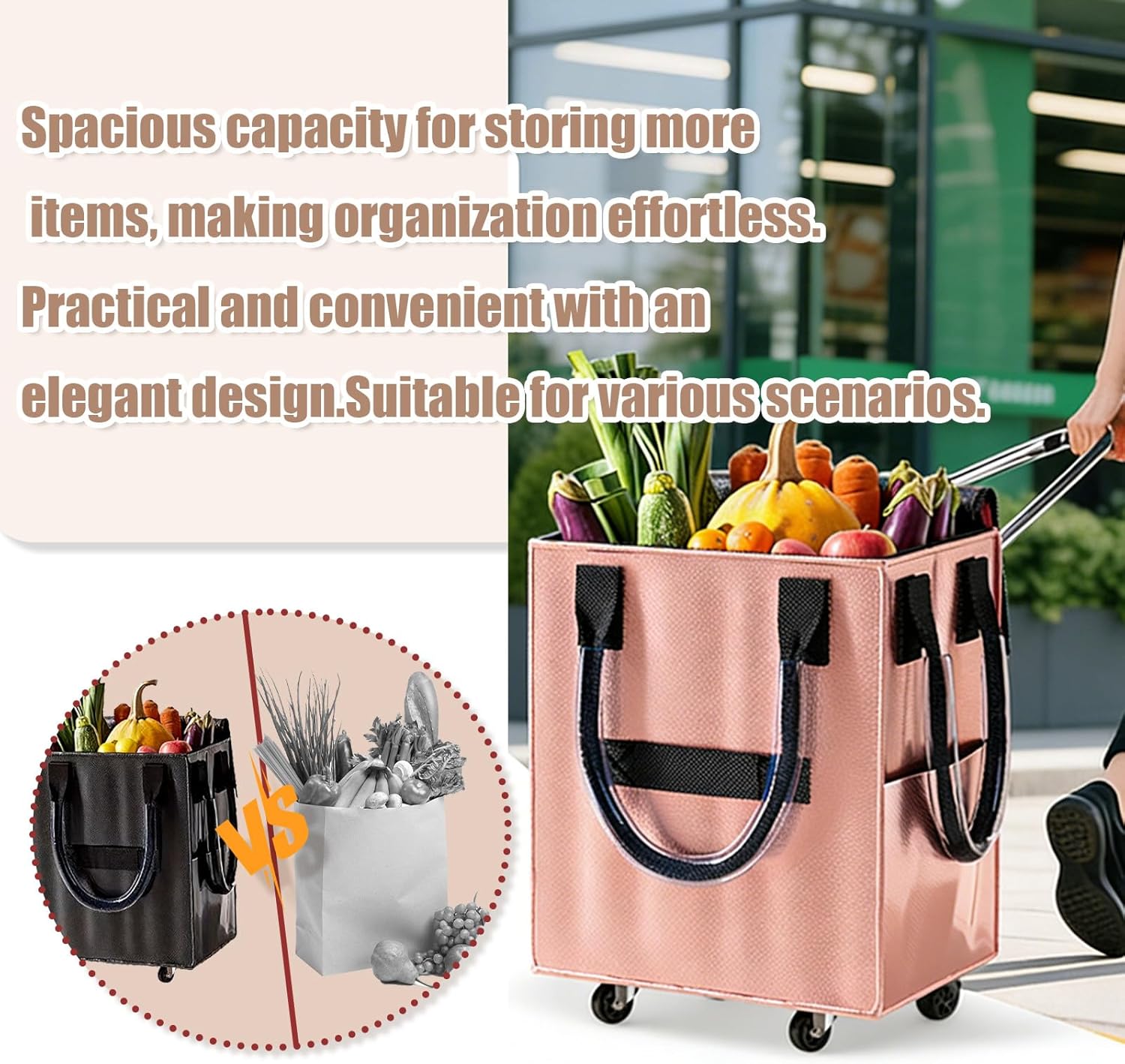 Reusable Grocery Bag on Wheel, Barrier-Free Transportation of Items, Foldable Shopping Cart with Wheels, Can Carry up to 67 Pounds, Suitable for Groceries, Laundry, Camping and Moving.