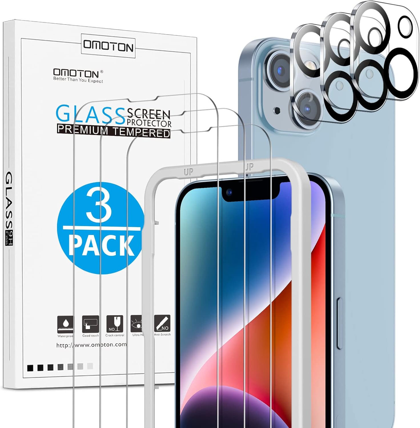OMOTON Screen Protector for iPhone 14 6.1inch, 3 Pack Tempered Glass Screen Protector + 3 Pack