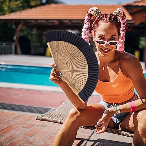 Miniatura 6 de JYSILIYH Ventilador de mano plegable para mujer, ventilador de mano para mujer, plegable, japonés, vintage, de seda de bambú, abanicos plegables
