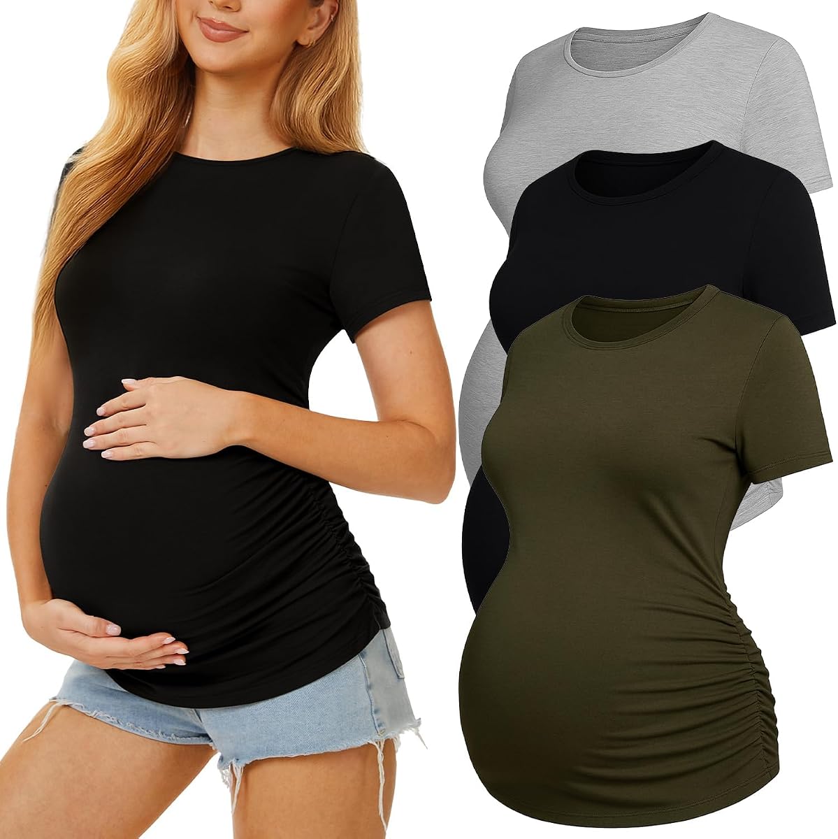 Paquete de 3 camisas premamá para mujer, top premamá con cuello redondo y manga corta | Top con cuello redondo, top informal, corte fruncido lateral, básico para armario de embarazo, para uso diario, capas, días laborales, looks en capas