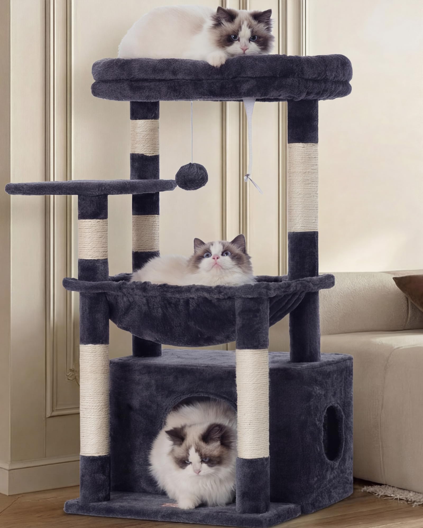 Heybly Cat Tree, Kitten Tower with Large Soft Basket, Cat Condo with Spacious Kitty Bed Cave with Hidden Space, Sisal-Covered Scratching Posts,Dangling Ball for Indoor Cats, Smoky Gray HCT008SG