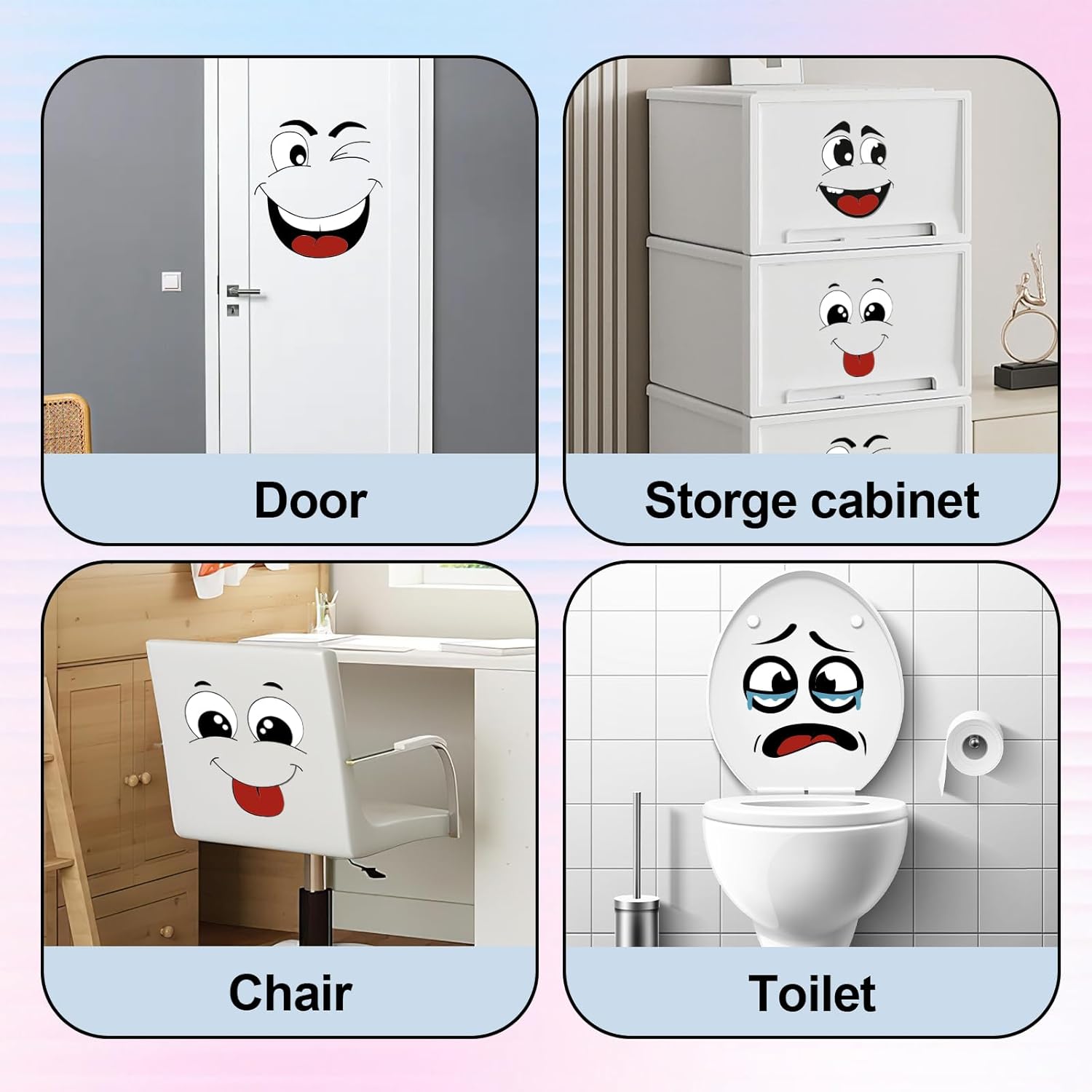 4Pcs Funny Trash Garbage Can Stickers-6.8in x 8.3in Cute Toilet Lid Decal Sticker,Adhesive Cartoon Expressions Sticker for Kitchen Fridge Bucket,Decorative Wall Stickers Indoor Outdoor