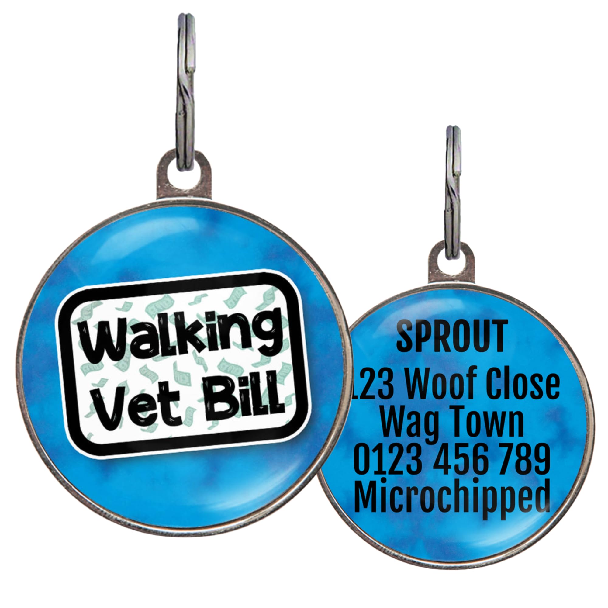 Funny Dog Tag – UK Made - Customised, 36 Colour Options, 2 Sizes for Dogs & Cats – Walking Vet Bill – Waterproof, Double-Sided Pet ID – Humorous Dog Name Tag