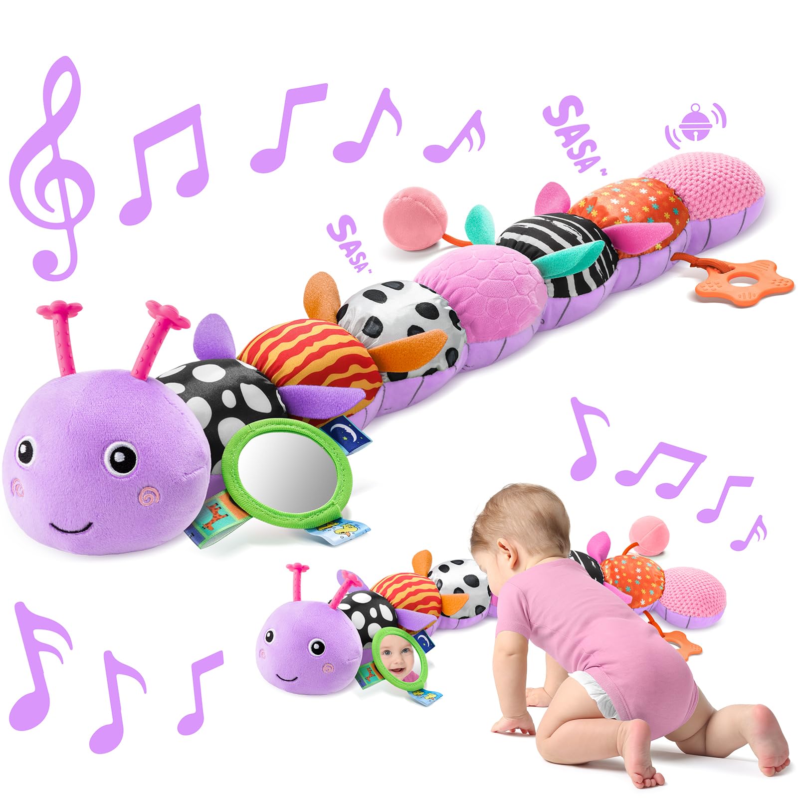 Sumobaby Baby Toys 0-6 6-12 Months, Music Caterpillar Plush Toy with Baby Mirror, Pull String&Crinkle Rattle,Infant Teething Toys,Tummy Time for 0-3-6-12 Month Boys Girls Newborn Gifts (Purple-Leaf)
