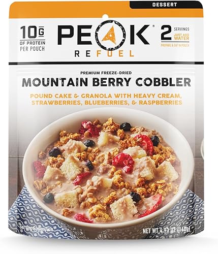 Peak Refuel Cobbler  Proteínas  Calorías  Ingredientes 100% reales  Alimentos liofilizados premium para mochileros y camping  2 porciones  Comida o
