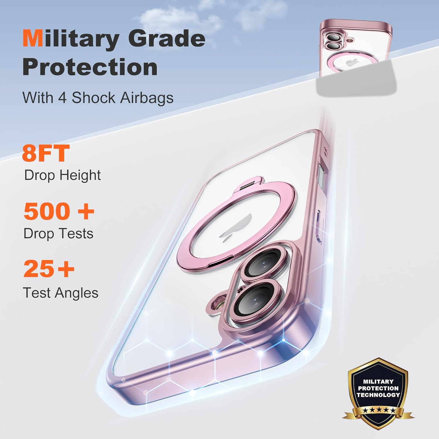 Compatible with iPhone 17 Case with 360° Spin Magnetic Ring Stand [Compatible with Mag-Safe] Full Camera Lens Protector Plating Clear Phone Case for iPhone 17 6.3", Pink