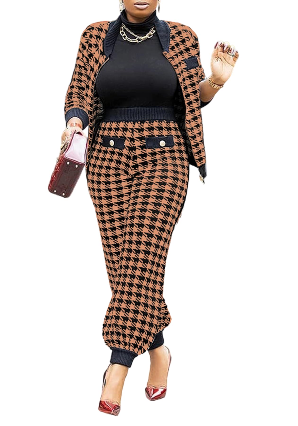 LKOUS Women's Winter 2026 2 Piece Vintage Houndstooth Set, Button Blazer & Matching Pants Office Work Casual Outfit