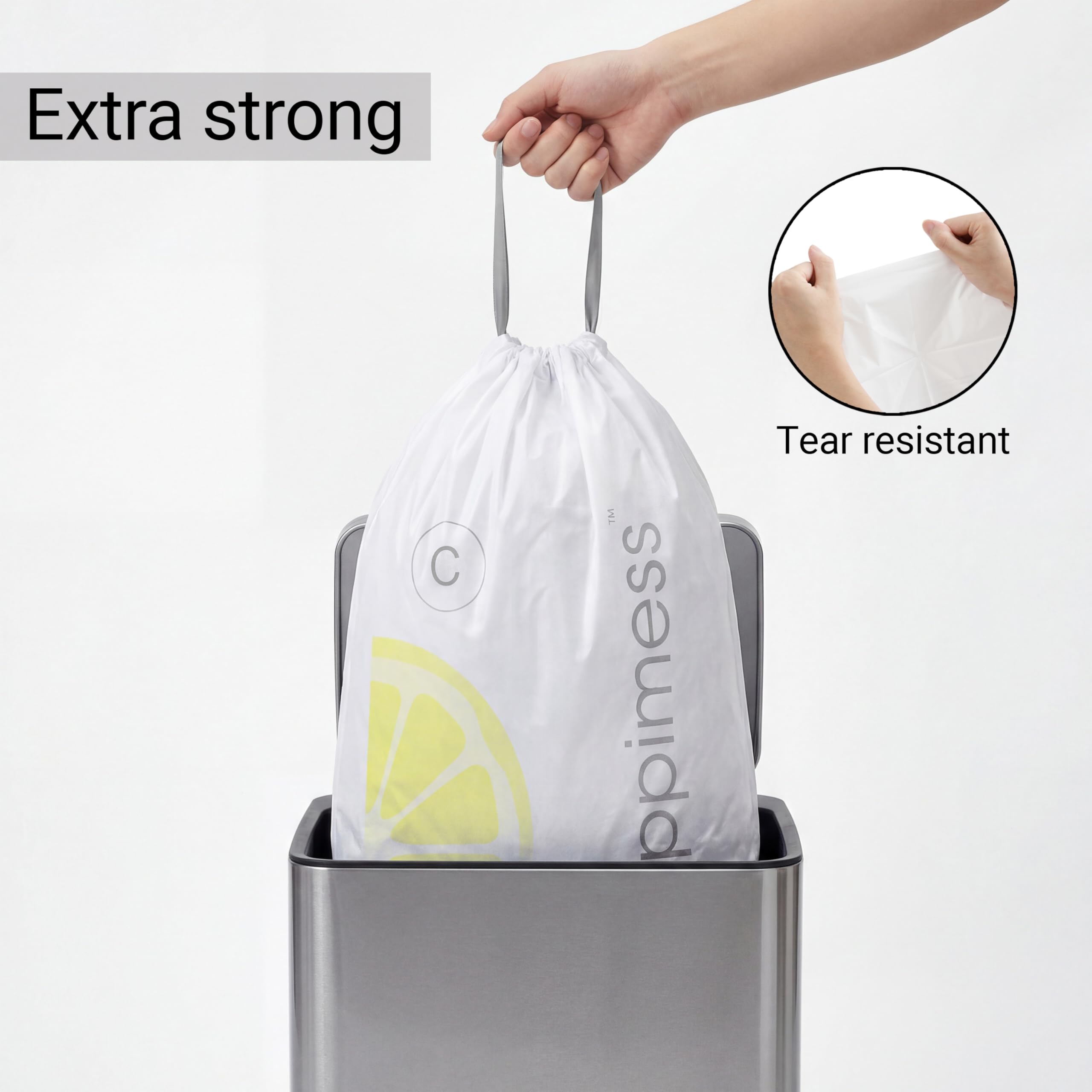 happimess Bolsas de basura con cordón de 13.2 galones, aroma a limón, blancas, forros de MDPE resistentes para cocina y hogar, control de olores, ajuste personalizado, 80 unidades (4 paquetes de 20