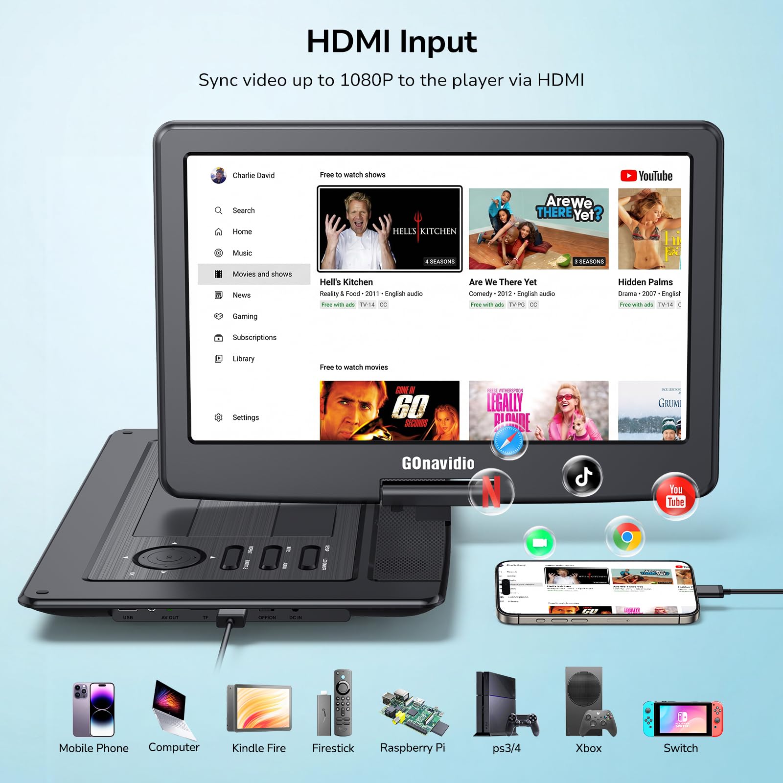 GOnavidio Lettore DVD portatile da 18 pollici con grande schermo HD da 16 pollici, batteria ricaricabile da 5 ore, supporto ingresso HDMI, sincronizzazione TV/telefono, 1600x900, scheda TF USB, MP4