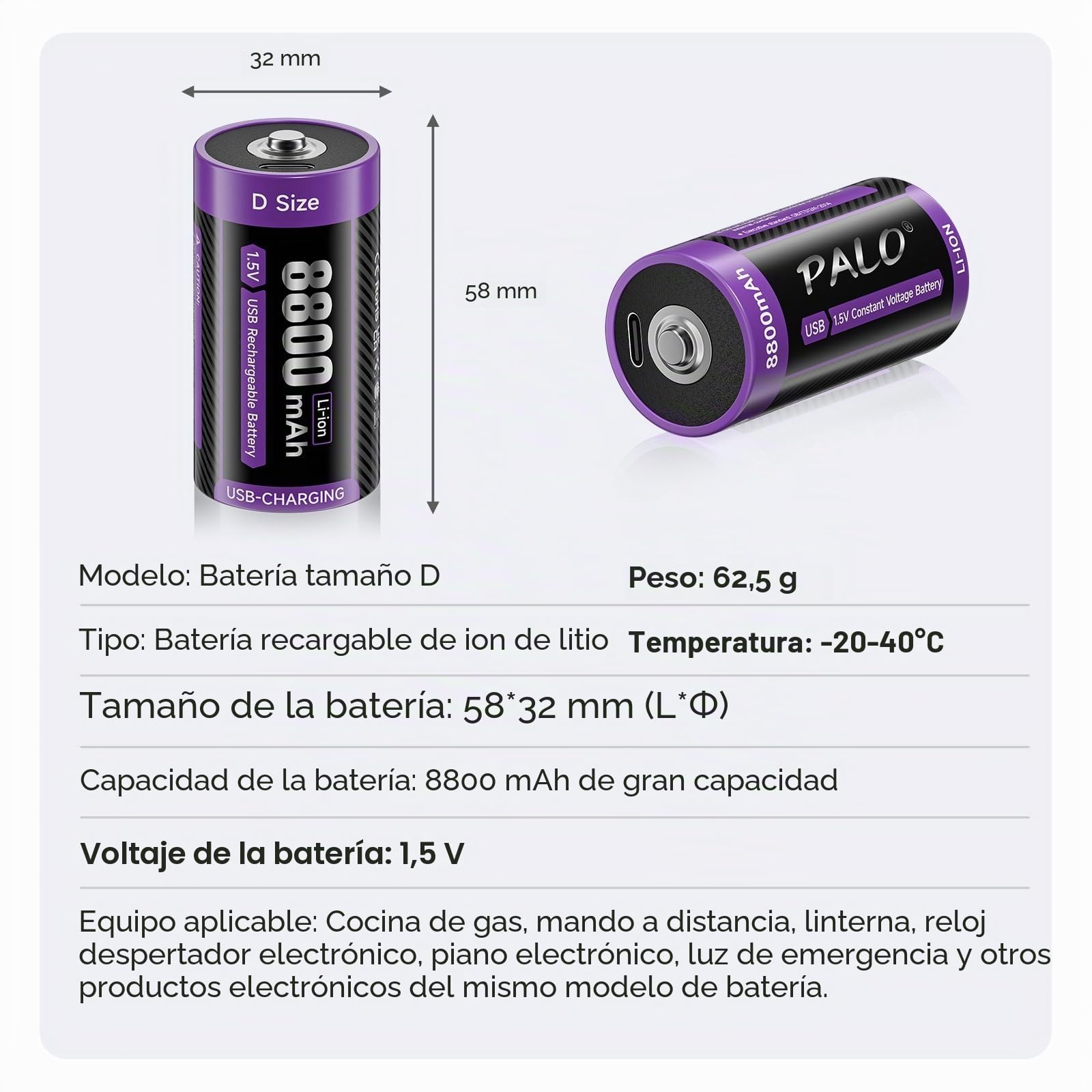 1,5V Baterías Litio USB-C D LR20 8800mAh Batería Carga Rápida Tipo-C Baterías con Cable de Carga, Baja Autodescarga, con Luz de Carga, 1500+ Ciclos, Paquete de 6 Baterías D
