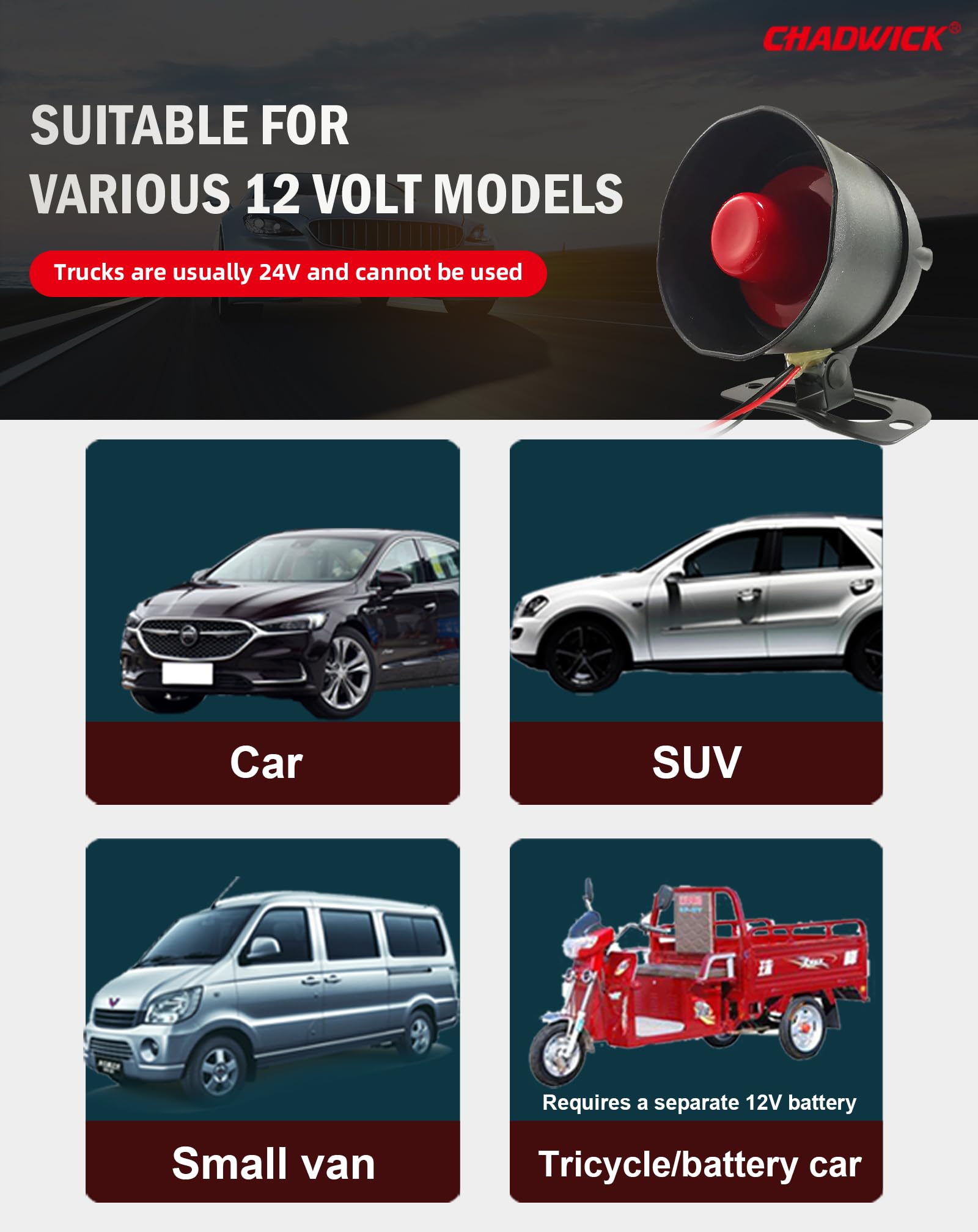 CHADWICK Sirène d'alarme pour voiture 12 V DC, universelle, 2 télécommandes, dispositif antivol, sensibilité à 7 niveaux, pas de coupe de fil, installation non destructive (CW-8152)