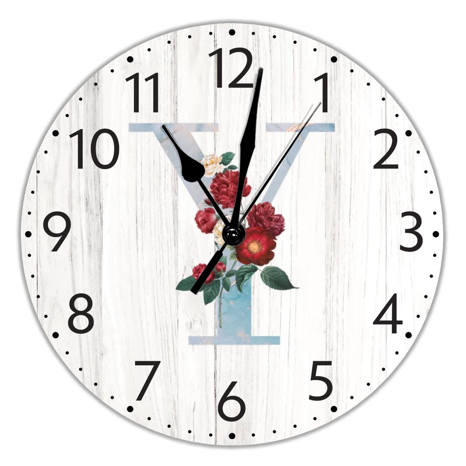 Horloge monogramme sans tic-tac en marbre lettre Y fleurie