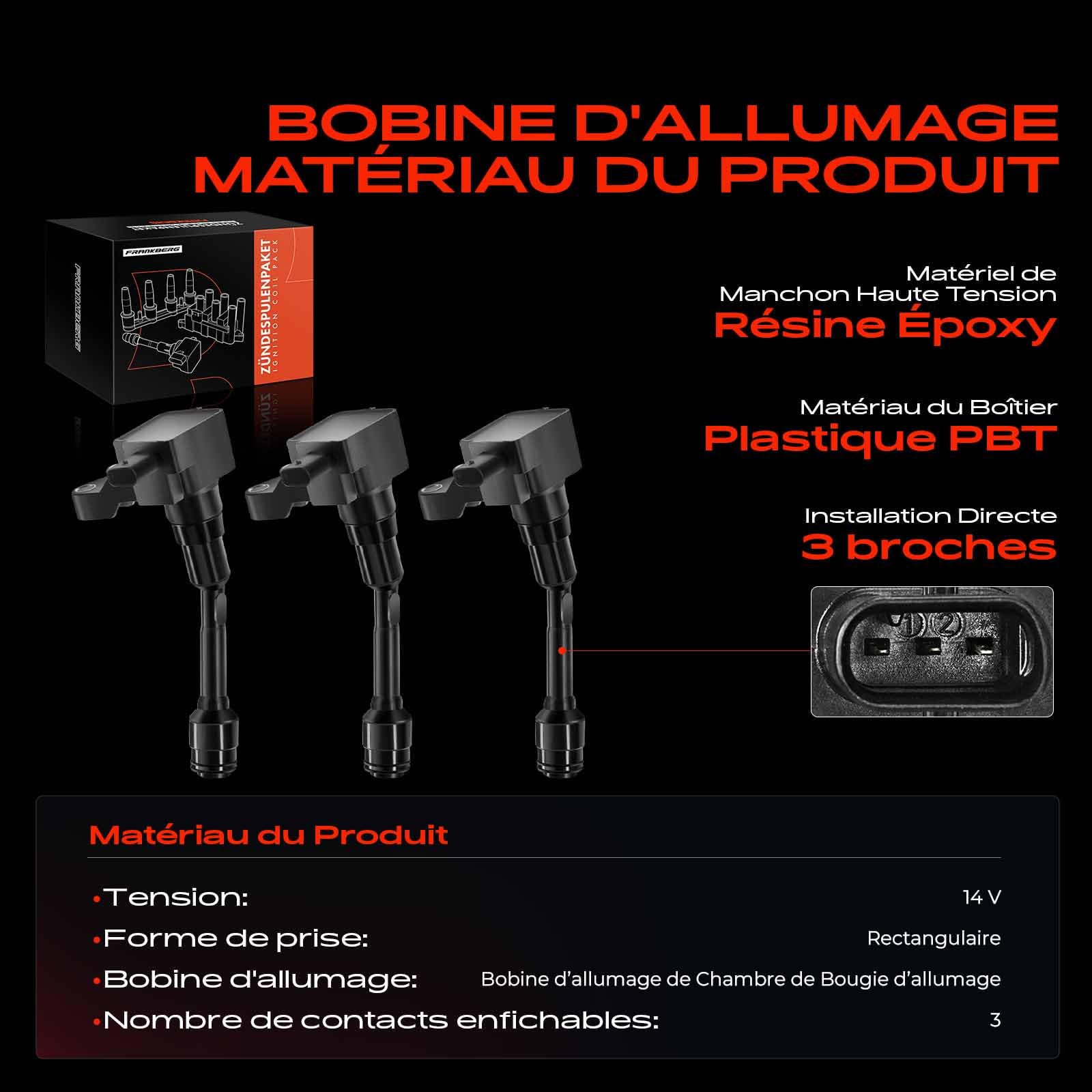 Frankberg 3 bobines d'allumage CM5G12A366CB | Compatible avec: Focus III, Grand C-Max DXA/CB7 DXA/CEU, C-Max II DXA/CB7 DXA/CEU, Tournoi Focus III