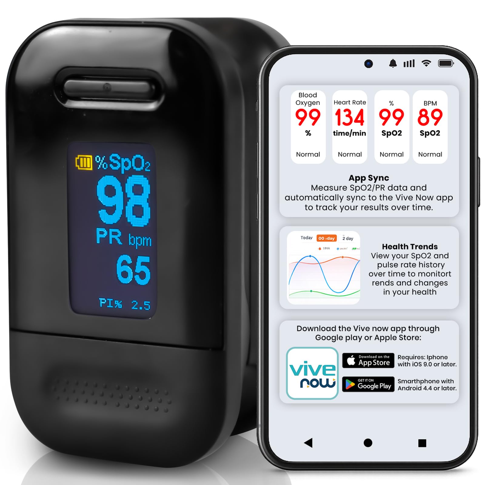 Vive Precision SP02 Pulse Oximeter Fingertip Bluetooth Includes Case, Batteries, Lanyard - Blood Pressure Level Monitoring Device (1)