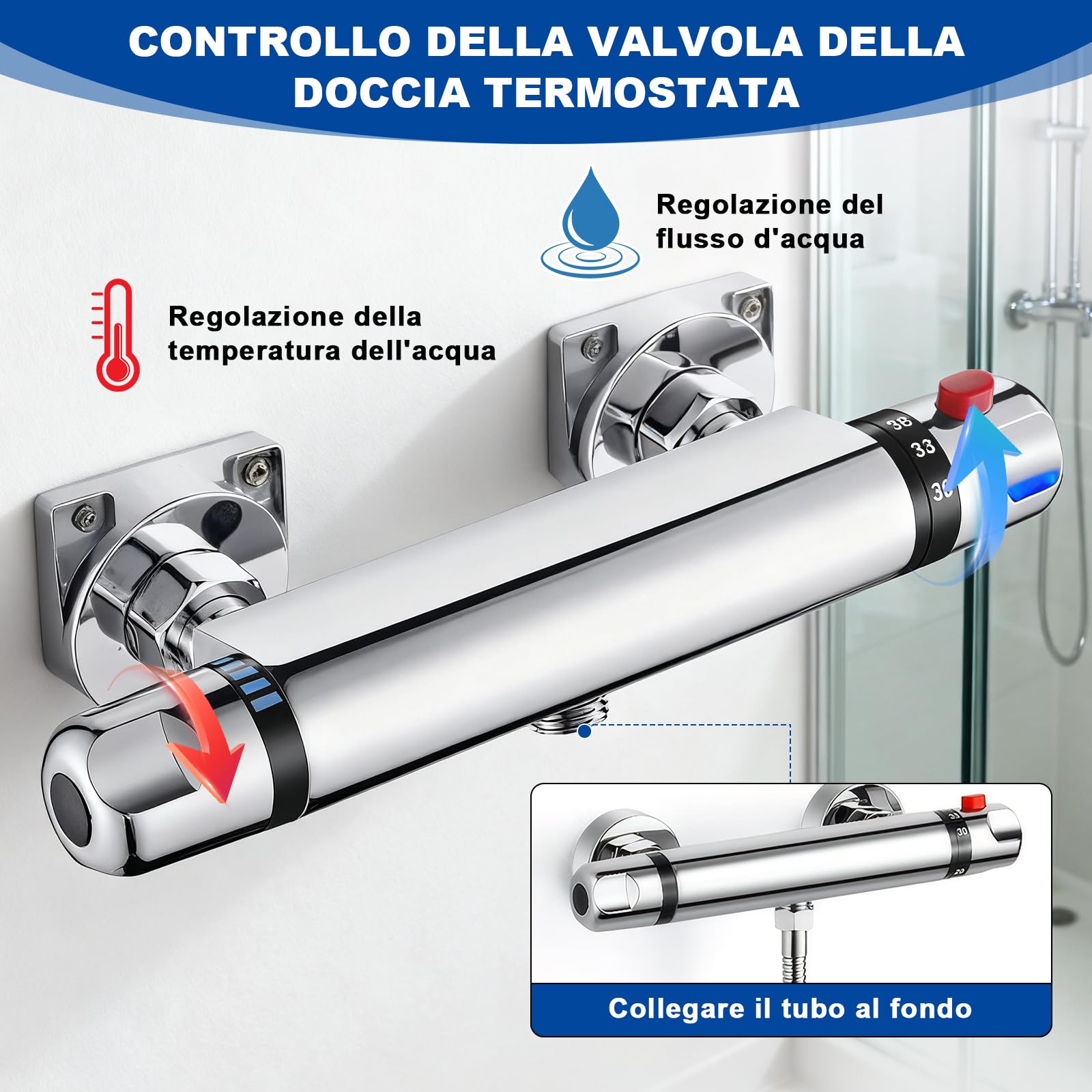 Miscelatore Doccia, Miscelatore Termostatico Doccia con Blocco di Sicurezza a 38°, Moderno Rubinetto Termostatico per Bagno Vasca, Ottone Cromato