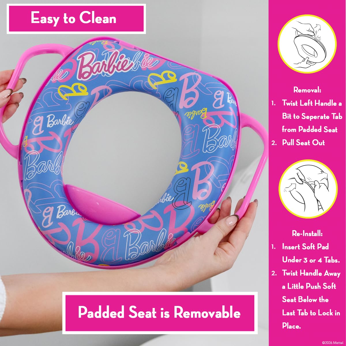 Barbie Morbido vasino per addestramento del WC con gancio portaoggetti, anello imbottito antiscivolo con paraspruzzi, maniglie integrate per bambini, tema Barbie rosa e blu