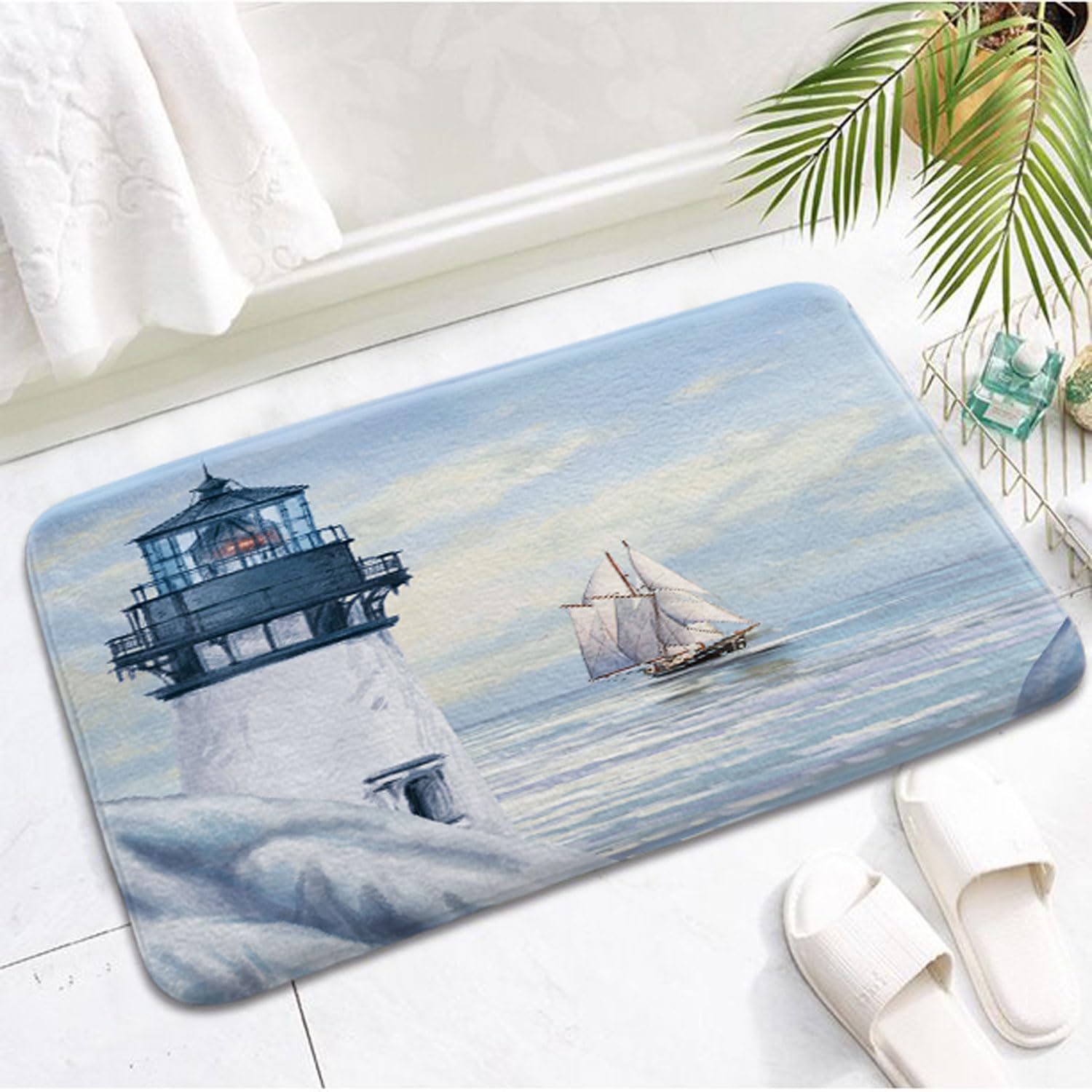 Nautical Lighthouse Bath Rugs, Blue Ocean Theme Sunrise and Sailboat Shower Rugs, Flannel Non Slip Ocean Coastal Bath Carpet Bathroom Room Decor 17X29