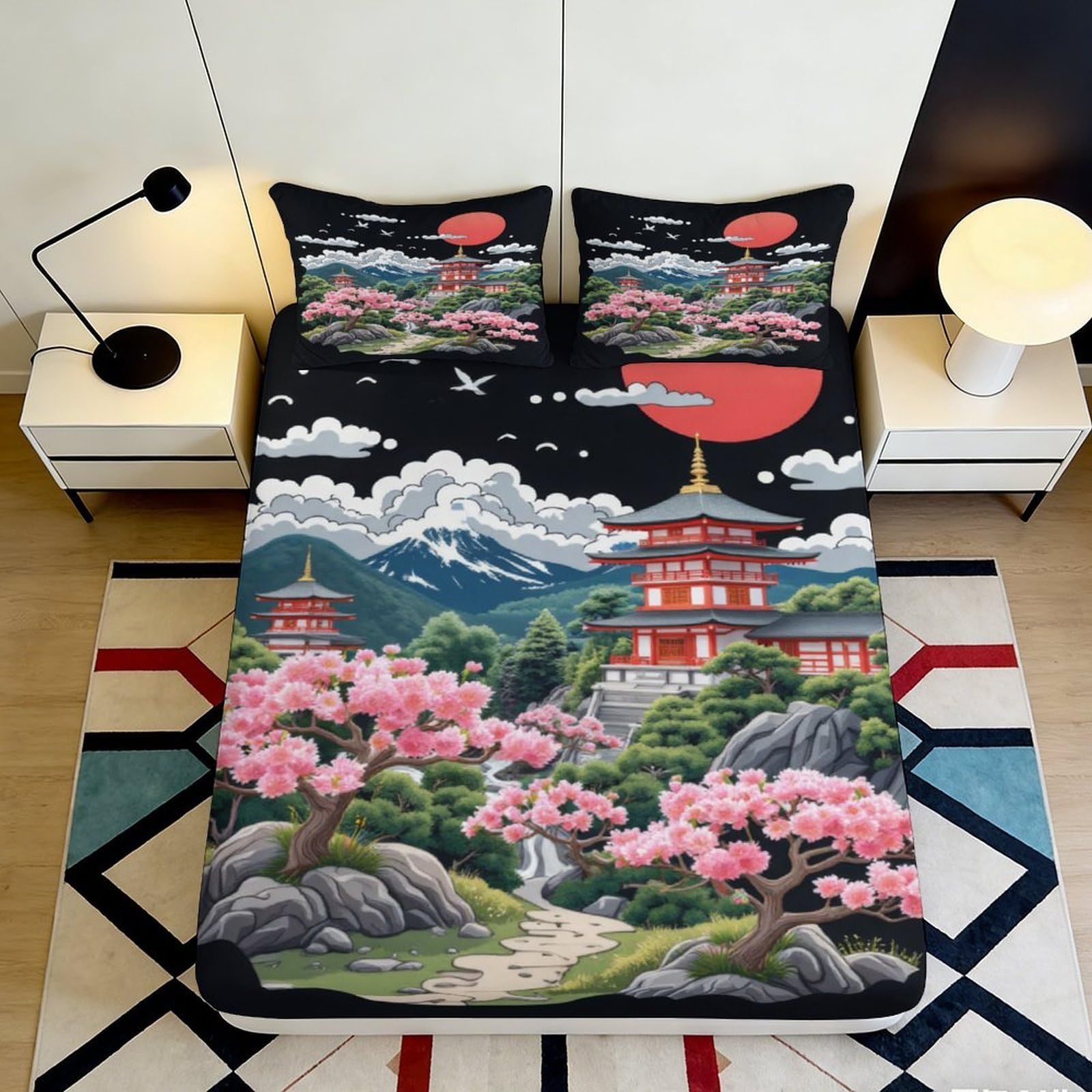 3D Printed Sakura Japanese Fitted Sheet Microfiber Deep Pocket Non-Slip Cherry Blossom Mattress Fitted Cover Home Bedding 120x200x25cm