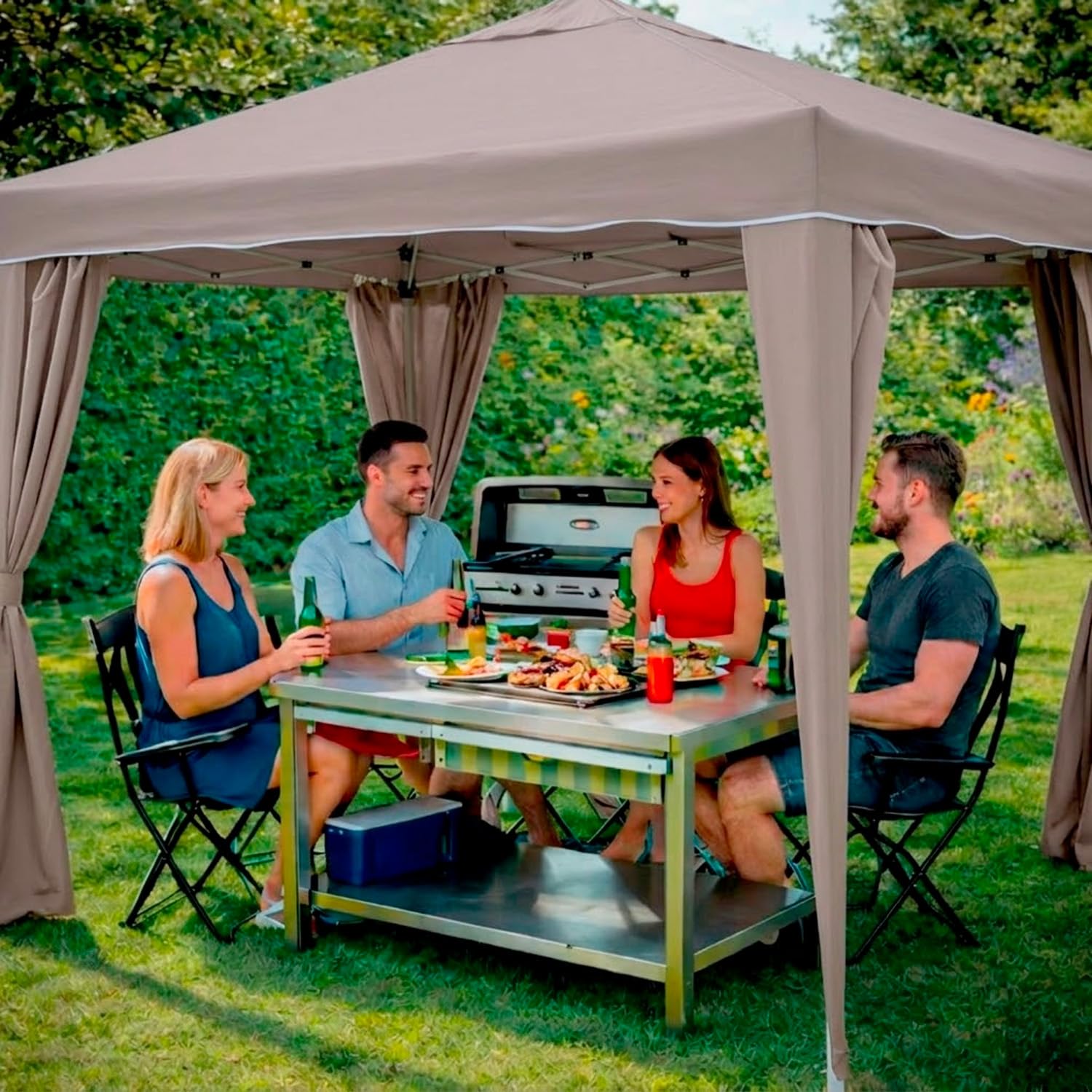 BRICOZONE Gazebo Pieghevole 3x4 Metri Struttura in Acciaio Verniciato Telo Poliestere Idrorepellente Anti UV Sistema a Fisarmonica con Borsa Trasporto e Sacche Zavorra per Giardino Campeggio Tortora