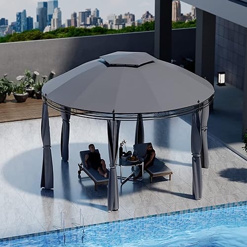 Tangkula Round Patio Gazebo, 2-Tier Dome with Removable Side Curtains, Heavy Duty Steel Frame, Outdoor Pavilion for Backyard, Deck, Poolside, Garden (Grey)