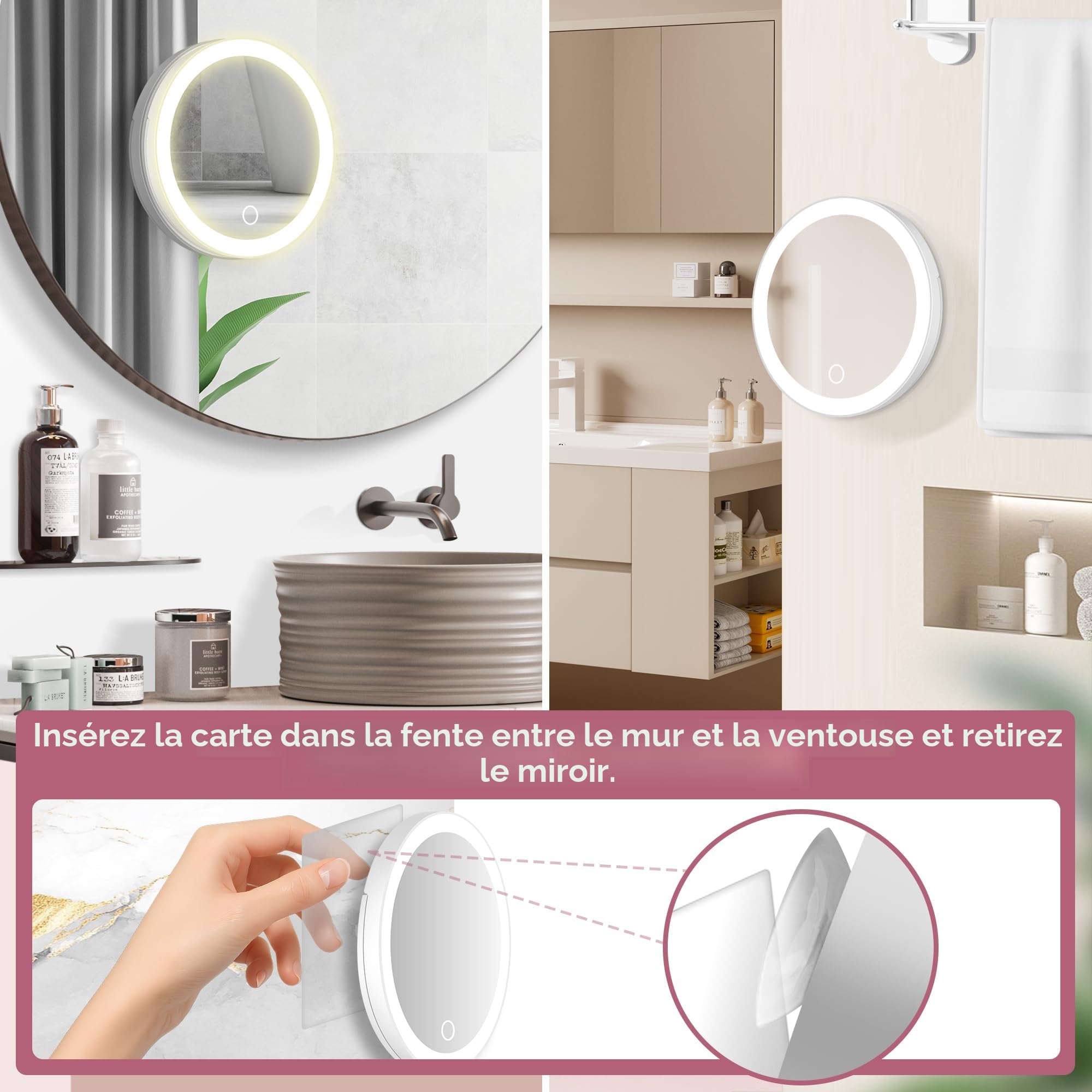 MOMOKUBA Miroir grossissant avec éclairage, Miroir 30x avec Ventouse, Couleurs Lumineuses et à intensité Variable, pour Maquillage de précision, Miroir Mural ou de Table pour Salle de, Blanc