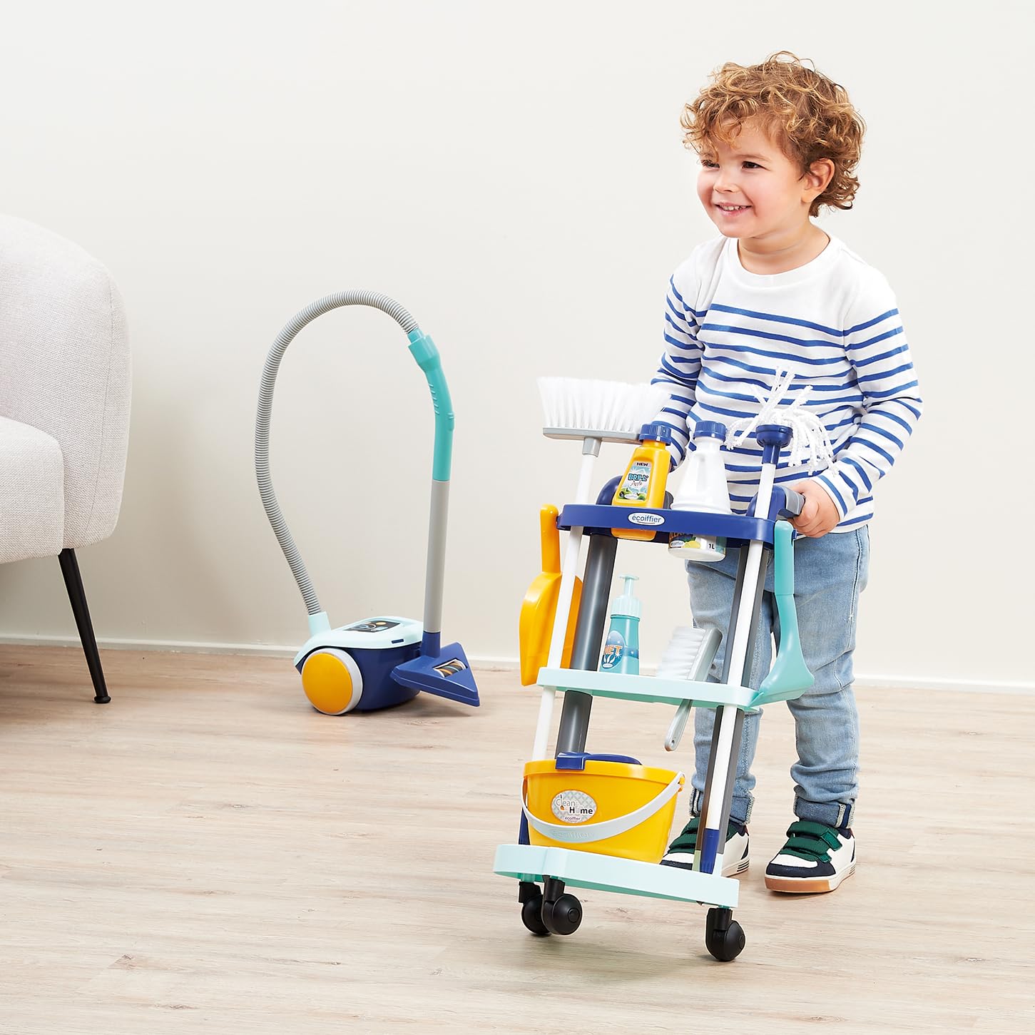 Ecoiffier - Clean Home carrello delle pulizie, 7600002774, +18 mesi, con aspirapolvere e tanti accessori, made in France