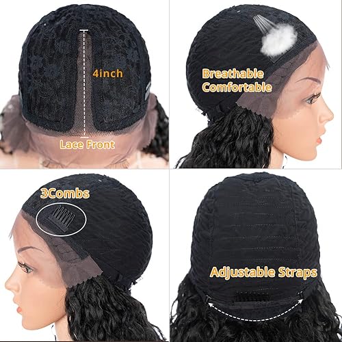 Miniatura 5 de Style Icon Peluca negra corta rizada ondulada con parte media de encaje frontal sintético BIO y fibra vegetal (13 pulgadas, 1)