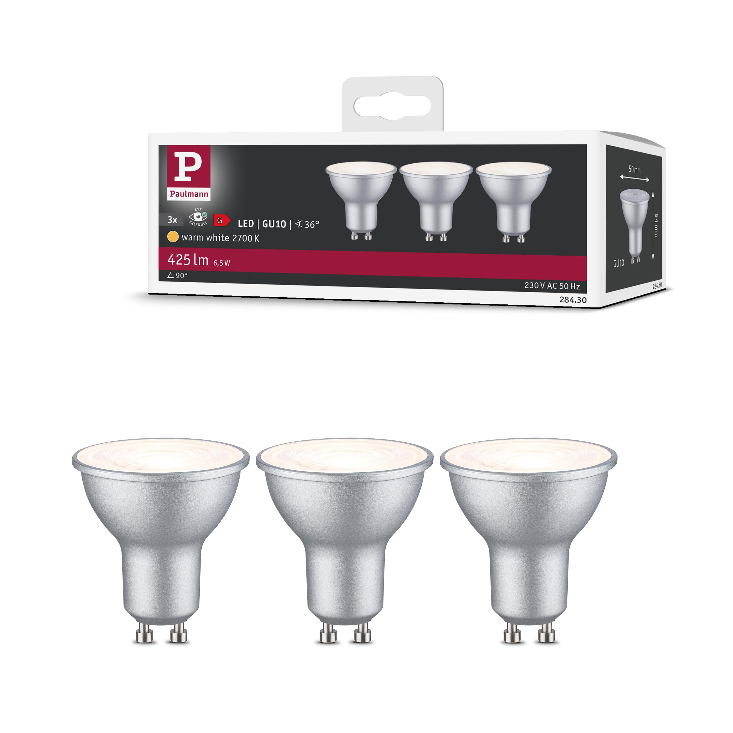 Paulmann 28430 LED 3-Unit Pack Reflector 6.5W GU10 230V 2700K, Aluminium