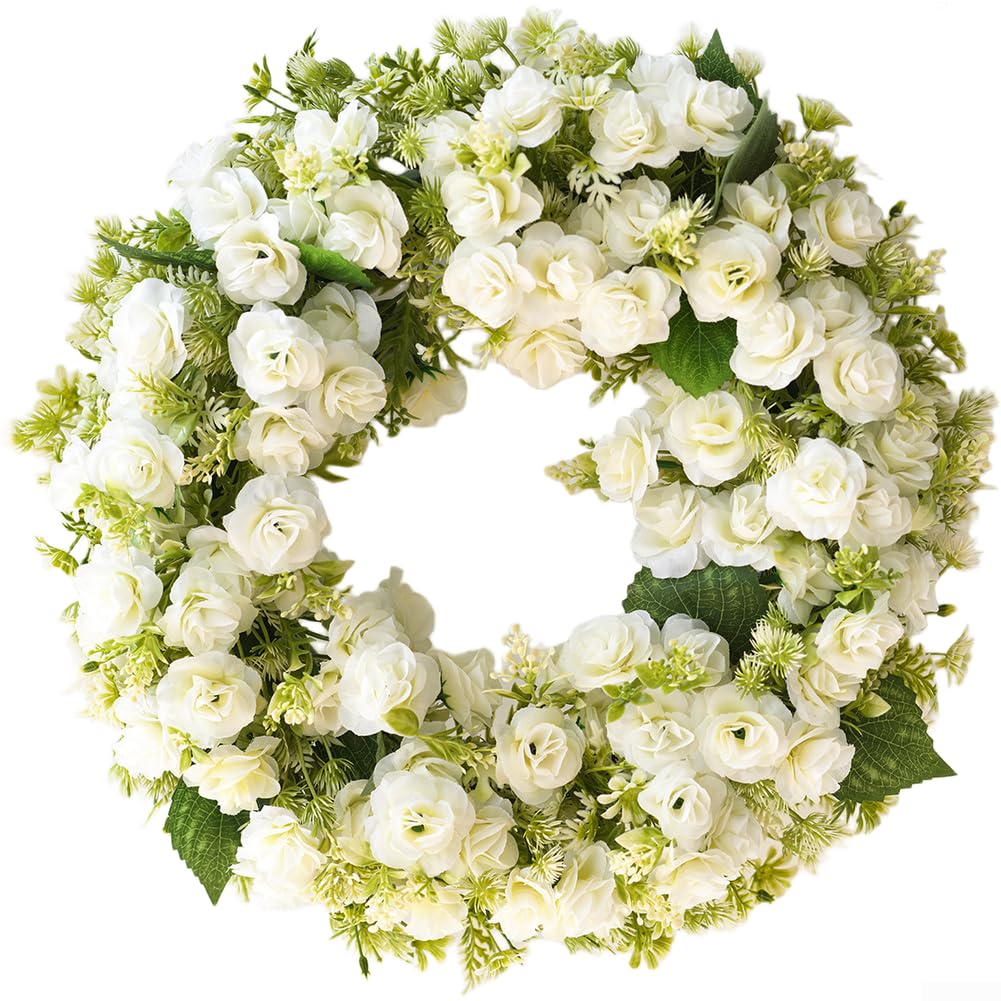 Corona de flores artificiales blancas y rosas de 45 cm simulada para colgar en la pared, boda, fiesta, decoración del hogar (blanco)