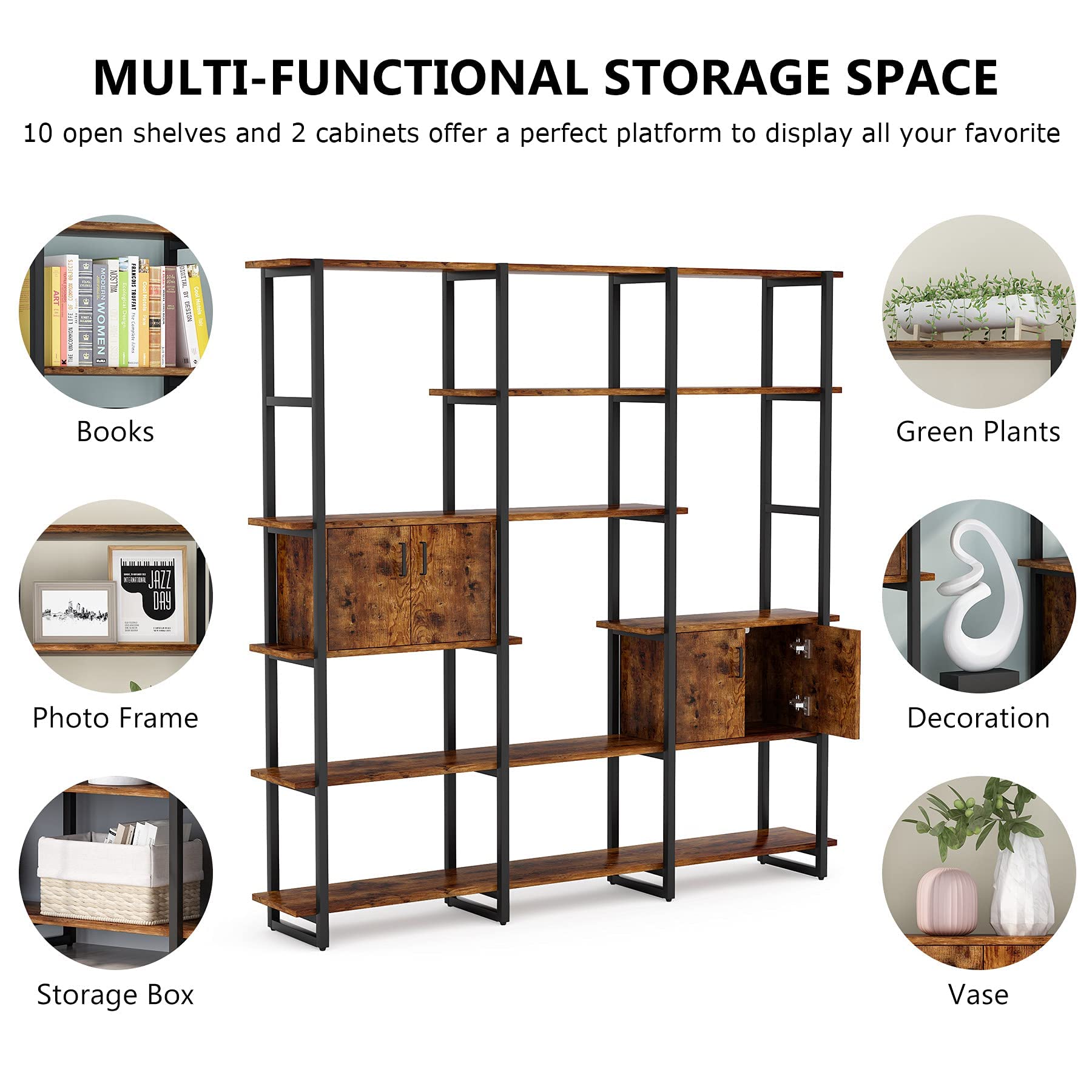 Tribesigns 71'' Triple Wide Bookcase, 5 Tier Bookshelf with 2 Storage
