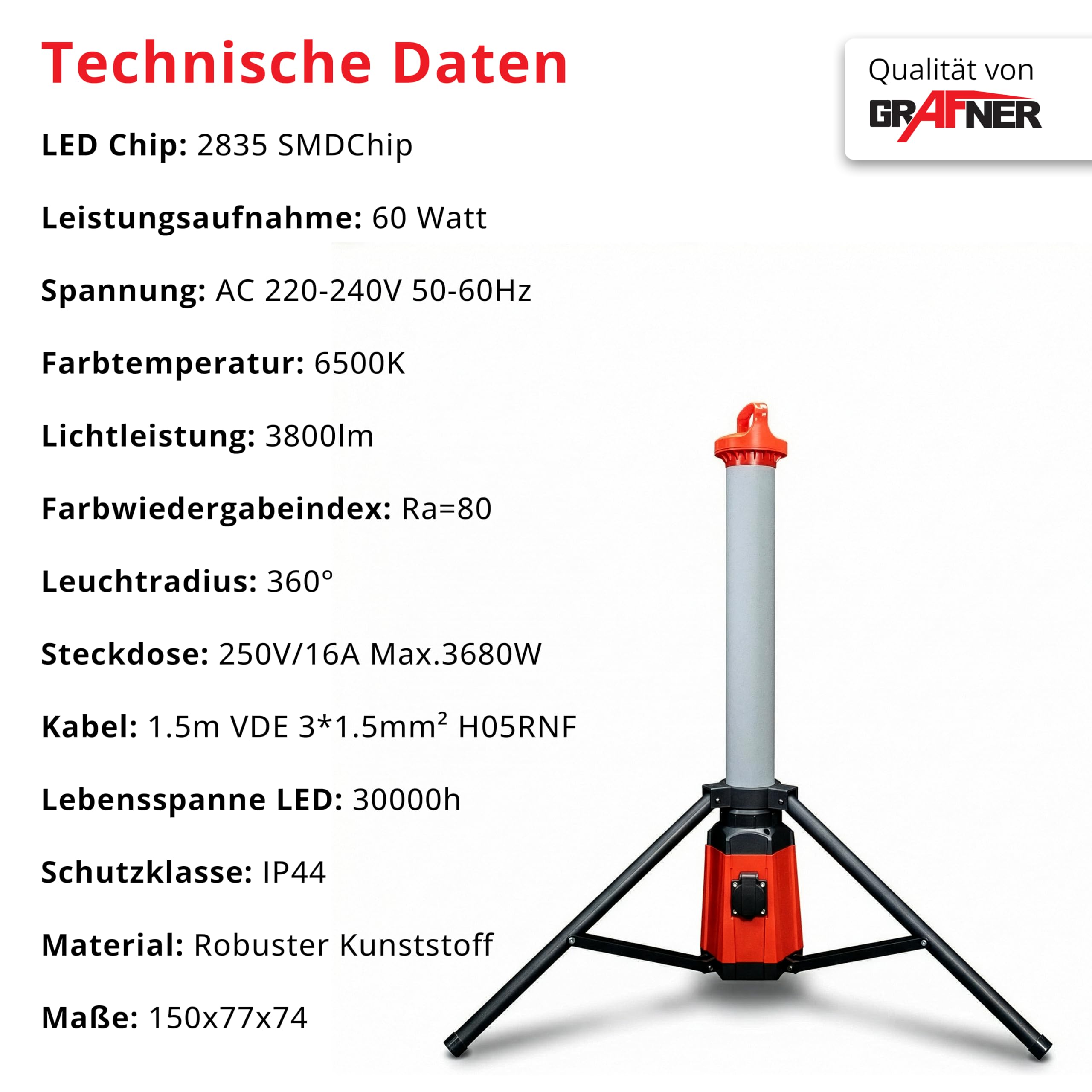 Grafner Profi LED Tower Baustrahler mit Steckdose und Stativ, 360° 3800 Lumen, 60 Watt, Höhe: 107 cm, IP44, 6500K Tageslichtweiß, Arbeitsleuchte Baustellenstrahler 360 Grad rundum Arbeitslampe Turm