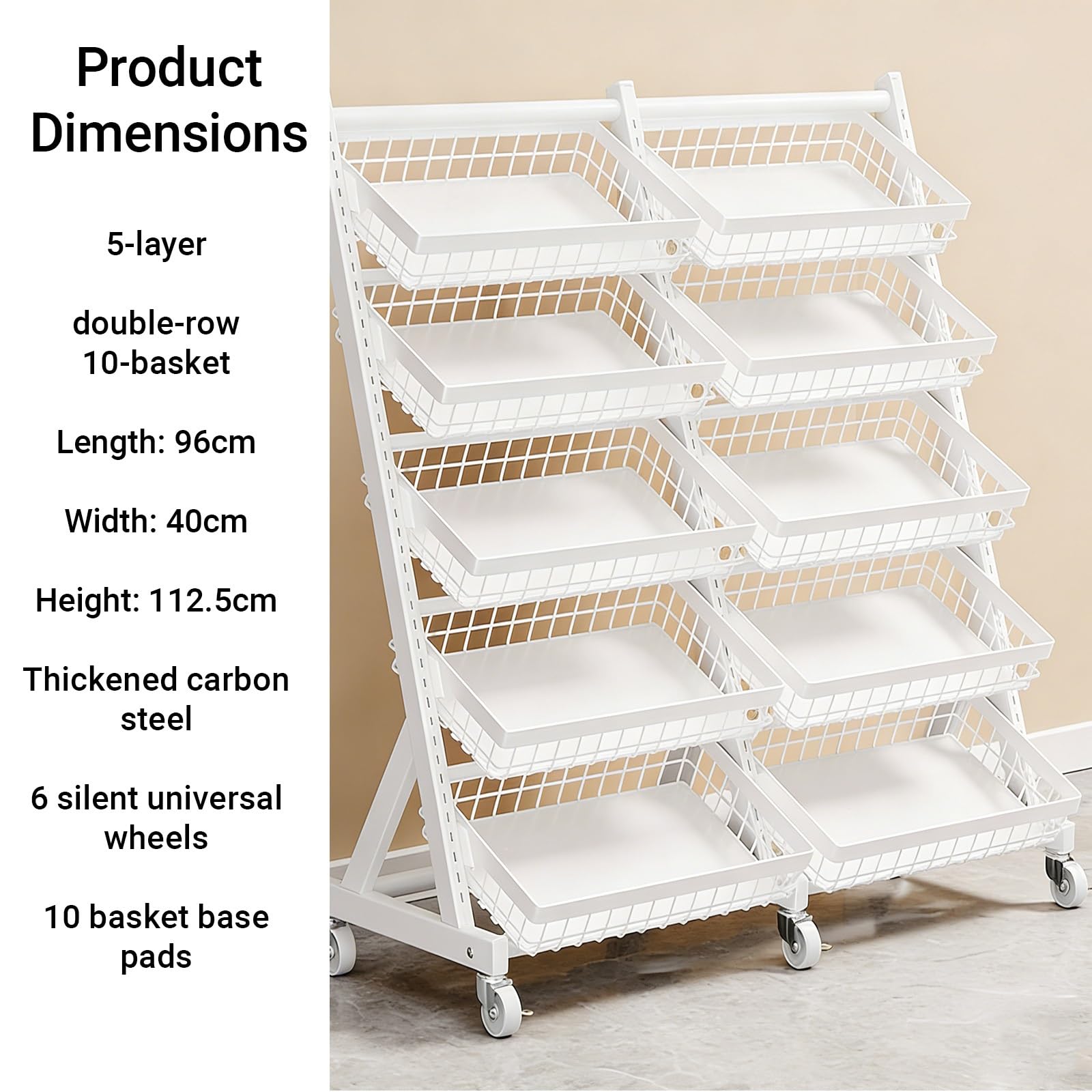 Carrello da cucina a 5 ripiani con ruote, organizer multistrato con cestini per frutta e alimenti sfusi, ripiani neri da pavimento (96 x 40 x 112,5 cm)