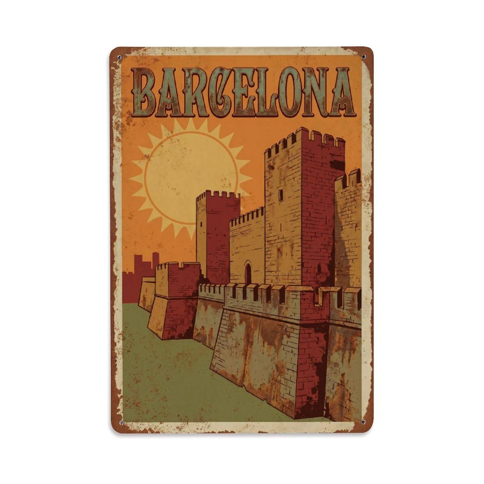 Okngb Style Rampart Landmark Barcelona Vintage Spanish Tourism Metal Tin Sign Plaque Wall Decor For Cafe, Man Cave, Club Bar, Office, Home Garden Round Metal Poster 8X12inch