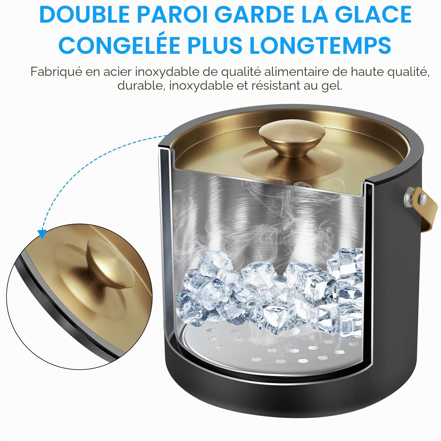 3.2L Seau a glacon, double paroi isolante en acier inoxydable, noir | Double paroi isotherme, Avec pelle, Pour bars à cocktails, Pour fêtes