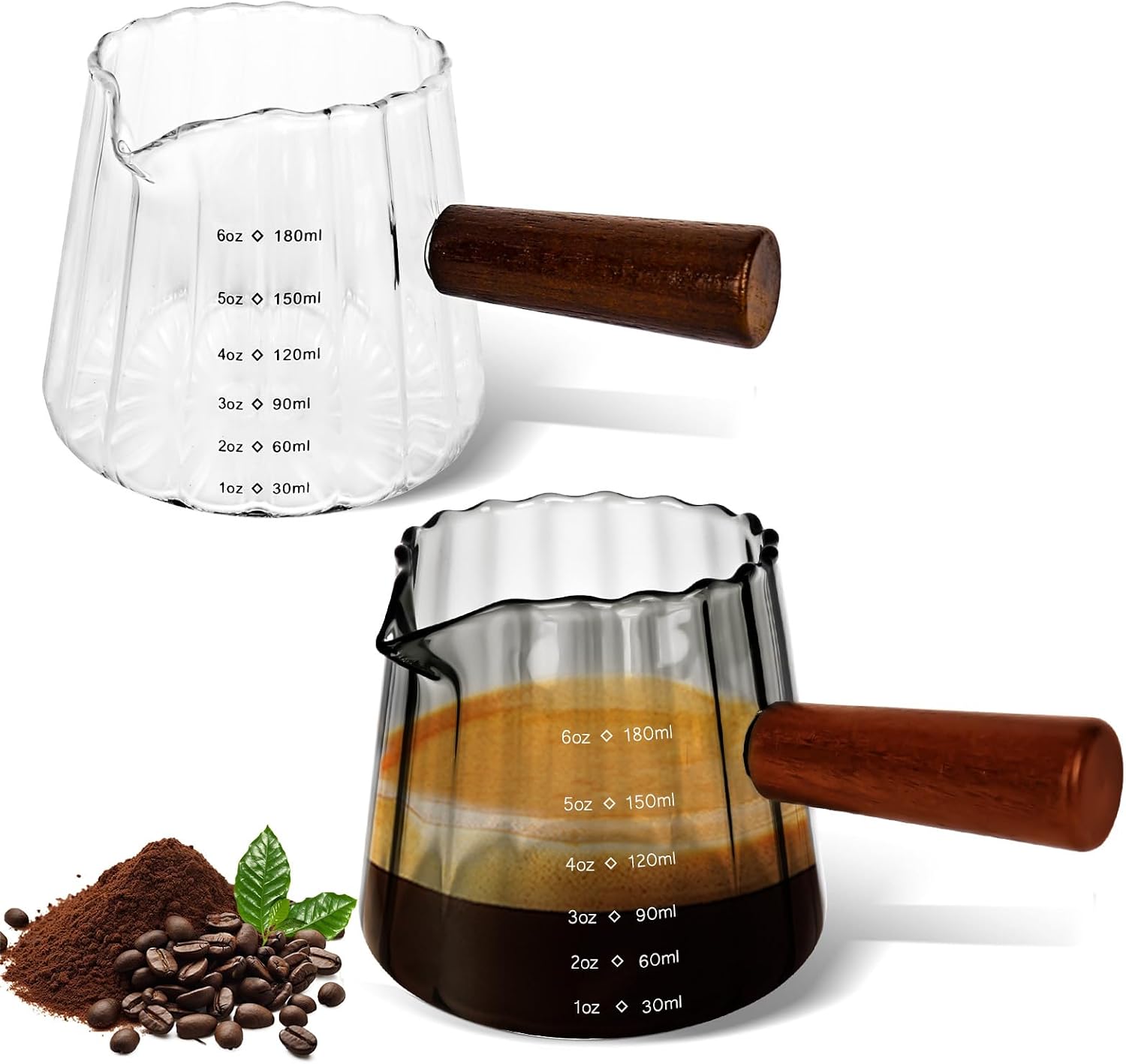 2 sztuki szklanek z miarką do espresso z drewnianym uchwytem, dzbanek do espresso ze skalą