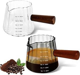 2 pieces 180ml Espresso Machine, Glass with Wooden Handles, Espresso Cup with Scale, Transparent Measuring Glasses with V-Shaped Opening, Cocktail Measuring Cup ML for Coffee Milk, Borosilicate