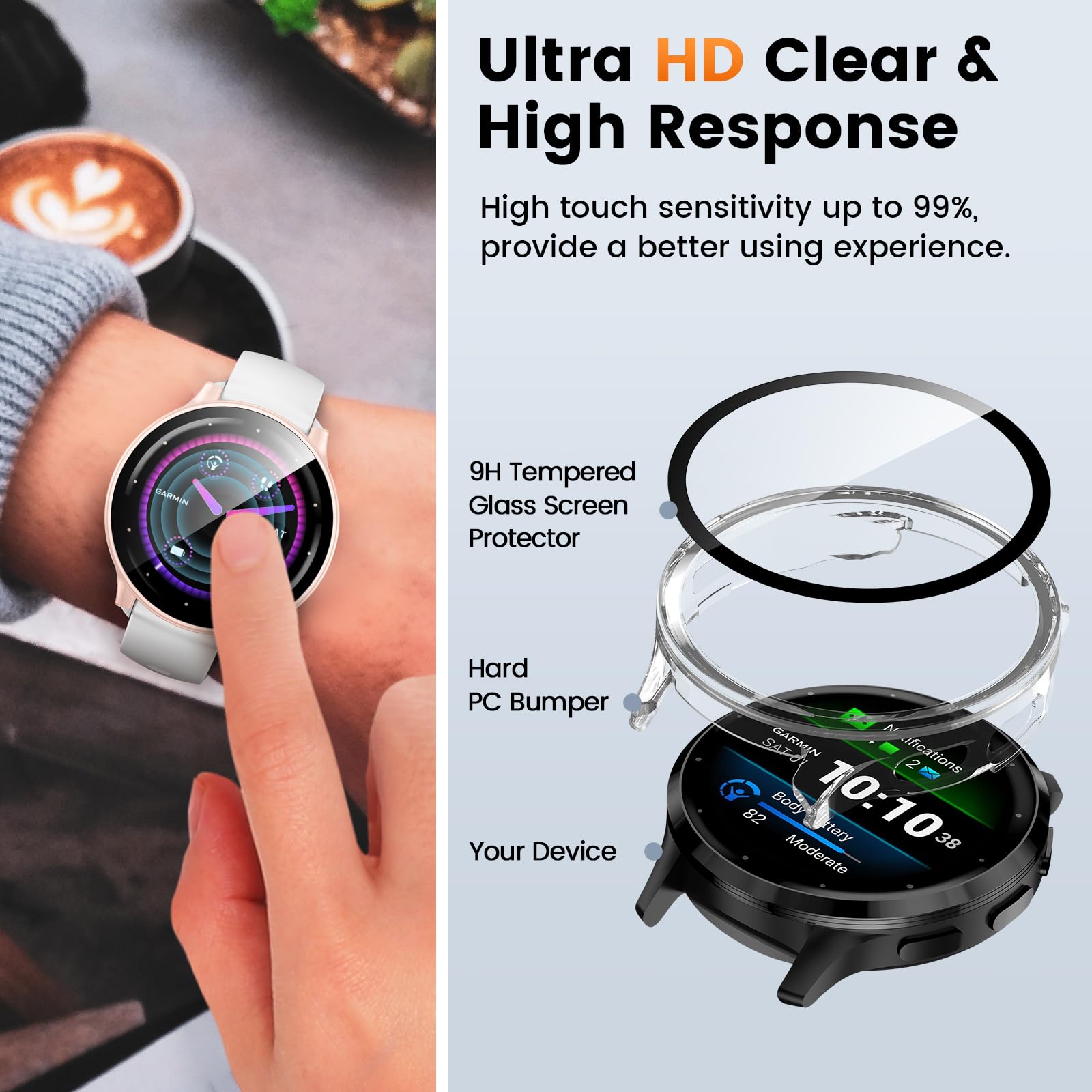 [3Pack] Kamita Etui z ochroną ekranu kompatybilne z Garmin Venu 3S 41mm, odporne na wstrząsy etui PC Bumper z folią ze szkła hartowanego, pełne pokrycie ochronne do Garmin Venu 3S 41 (Przezroczyste+