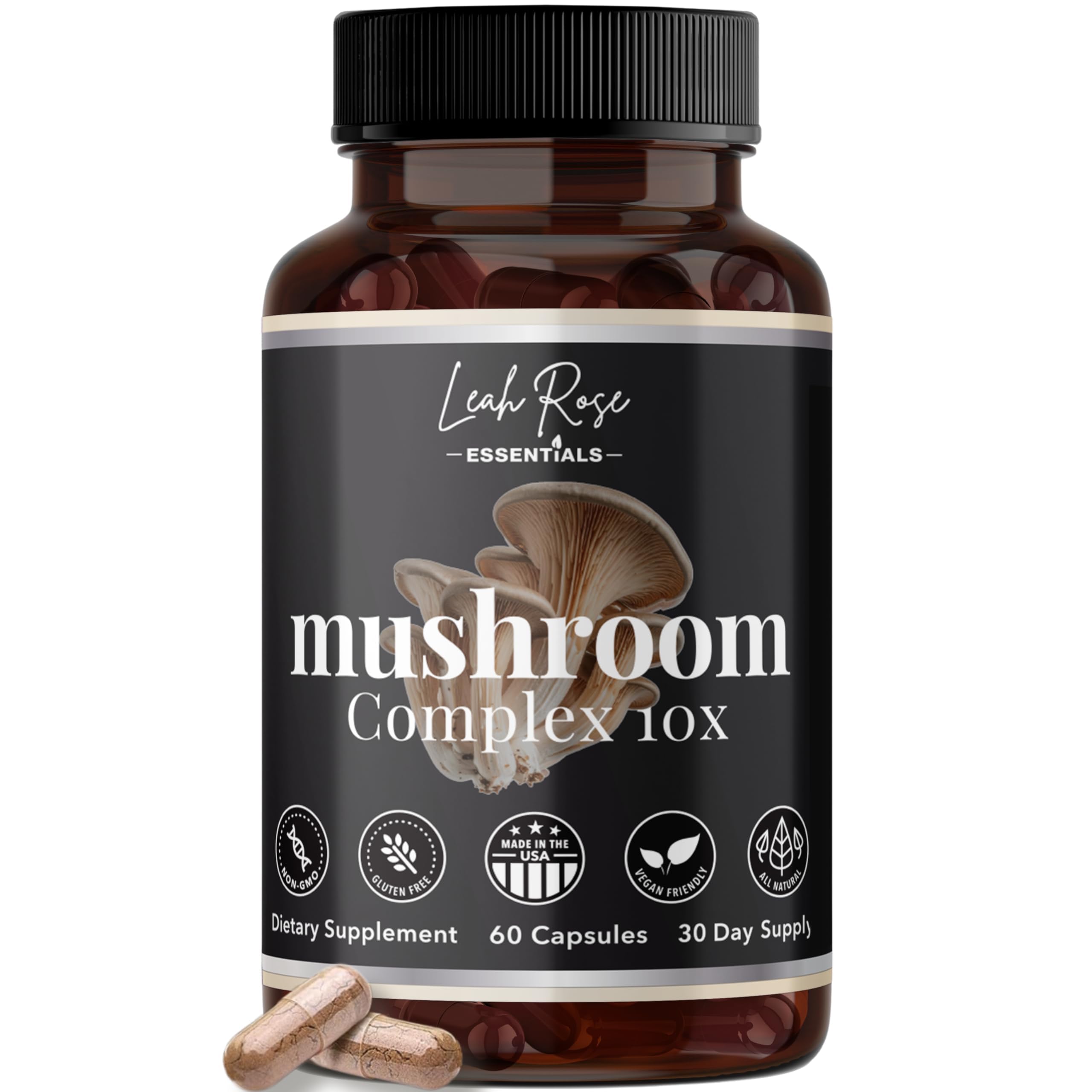 Mushroom Complex Supplement 10-in-1 - Fruiting Body Extracts - Lions Mane, Cordyceps, Reishi, Turkey Tail, Chaga & More - Brain, Focus, Energy & Immune Support - 60 Vegan Capsules